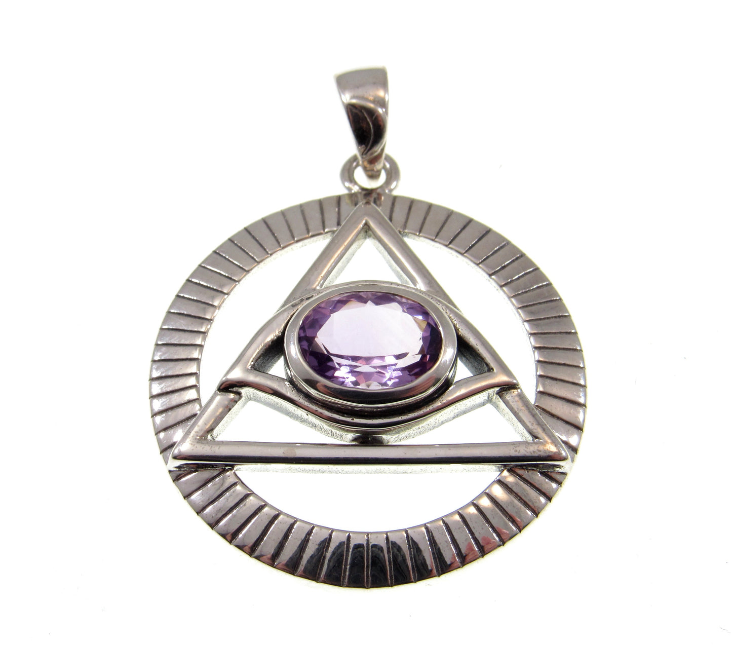 Solid 925 Sterling Silver Eye of the Egyptian Pyramid Illuminati Pendant, Choose Gemstone: Amethyst Garnet Sapphire or Bue Topaz
