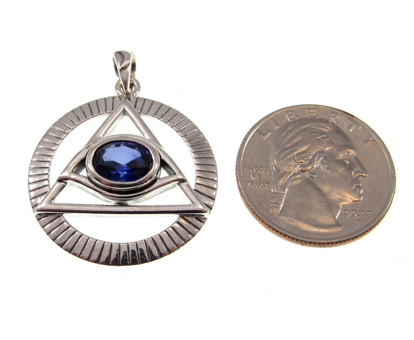 Solid 925 Sterling Silver Eye of the Egyptian Pyramid Illuminati Pendant, Choose Gemstone: Amethyst Garnet Sapphire or Bue Topaz