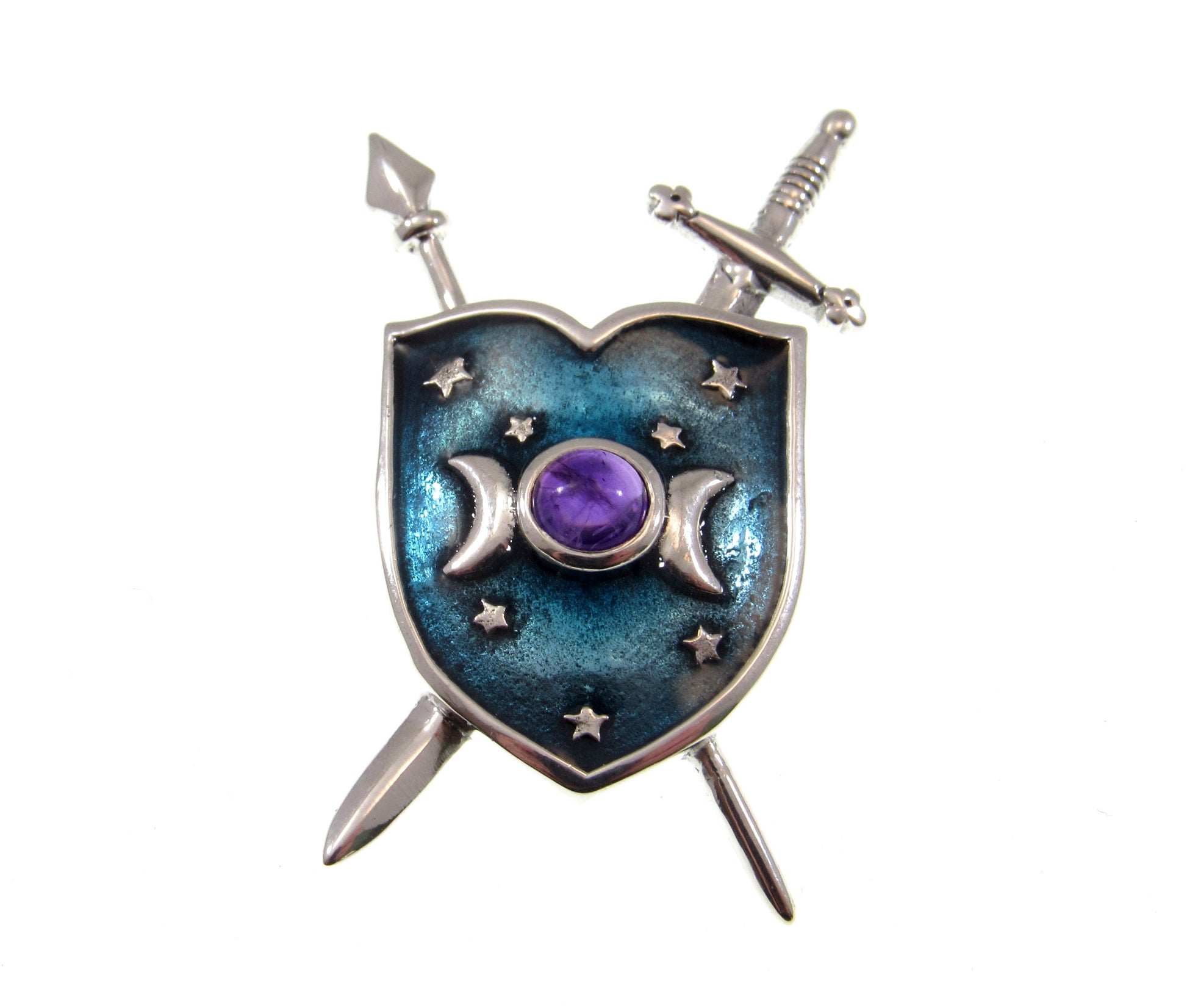 Solid 925 Sterling Silver Shield of the Triple Moon & Swords Pendant, Choose Gemstone: Amethyst or Rainbow Moonstone