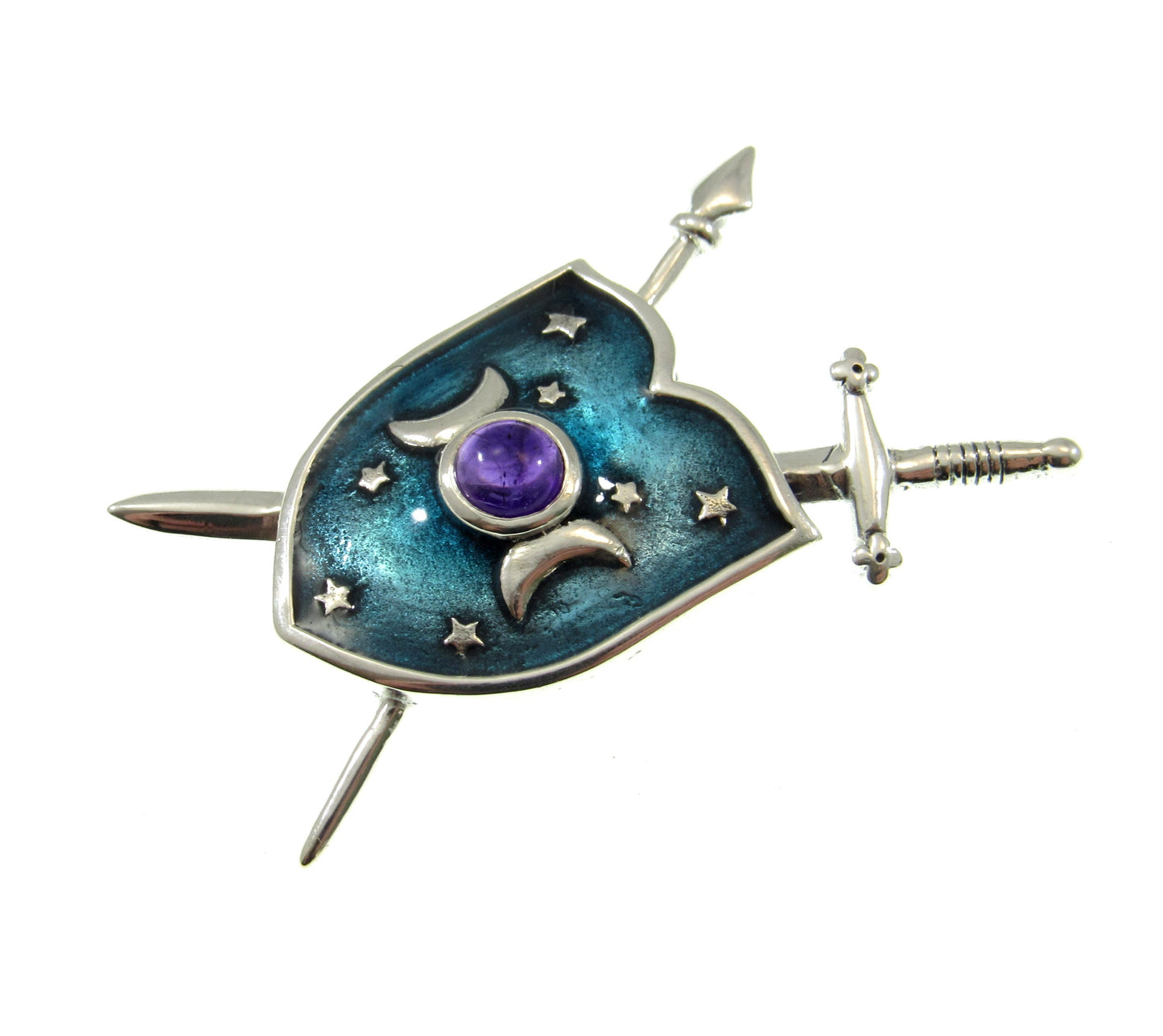 Solid 925 Sterling Silver Shield of the Triple Moon & Swords Pendant, Choose Gemstone: Amethyst or Rainbow Moonstone