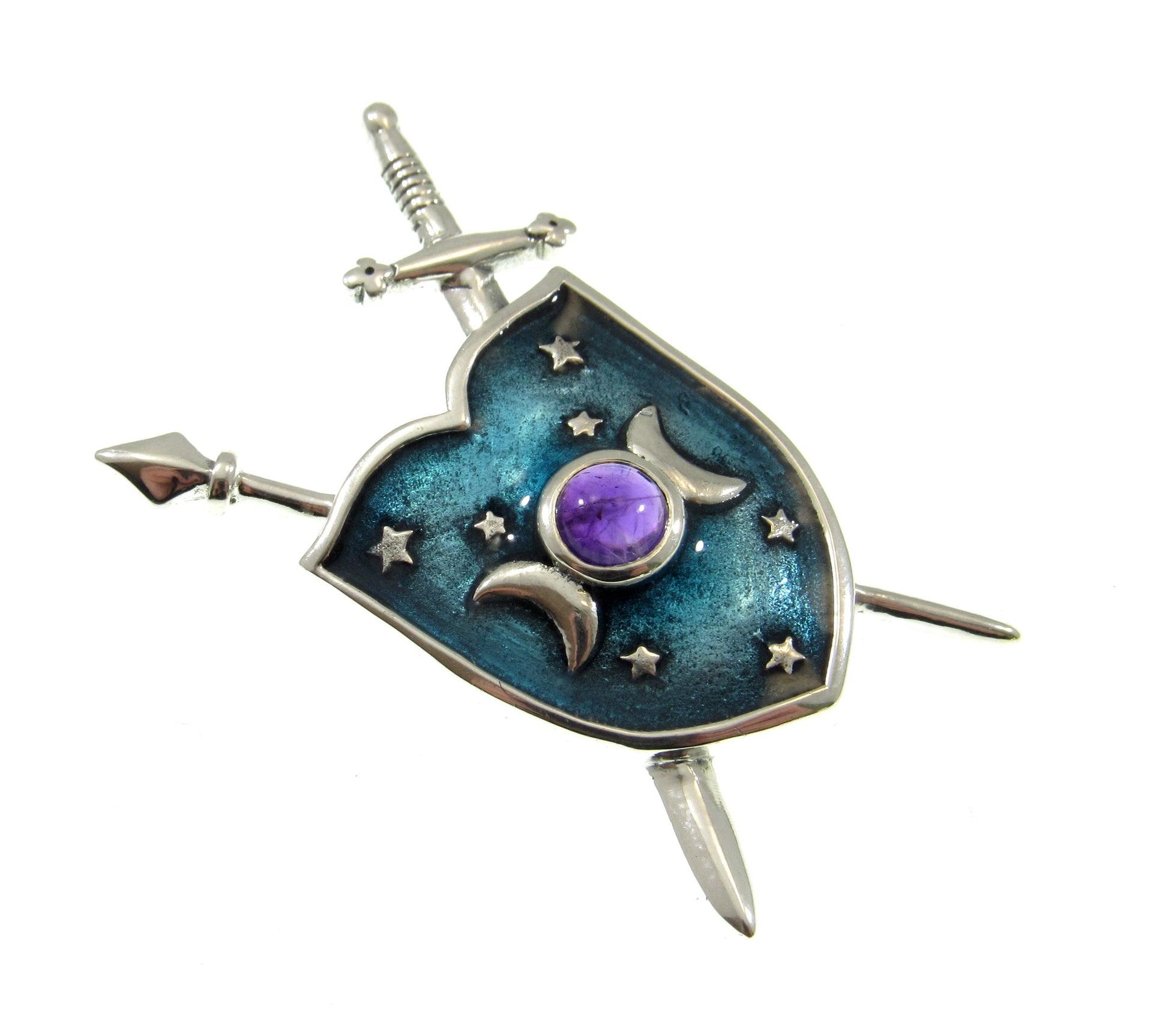 Solid 925 Sterling Silver Shield of the Triple Moon & Swords Pendant, Choose Gemstone: Amethyst or Rainbow Moonstone