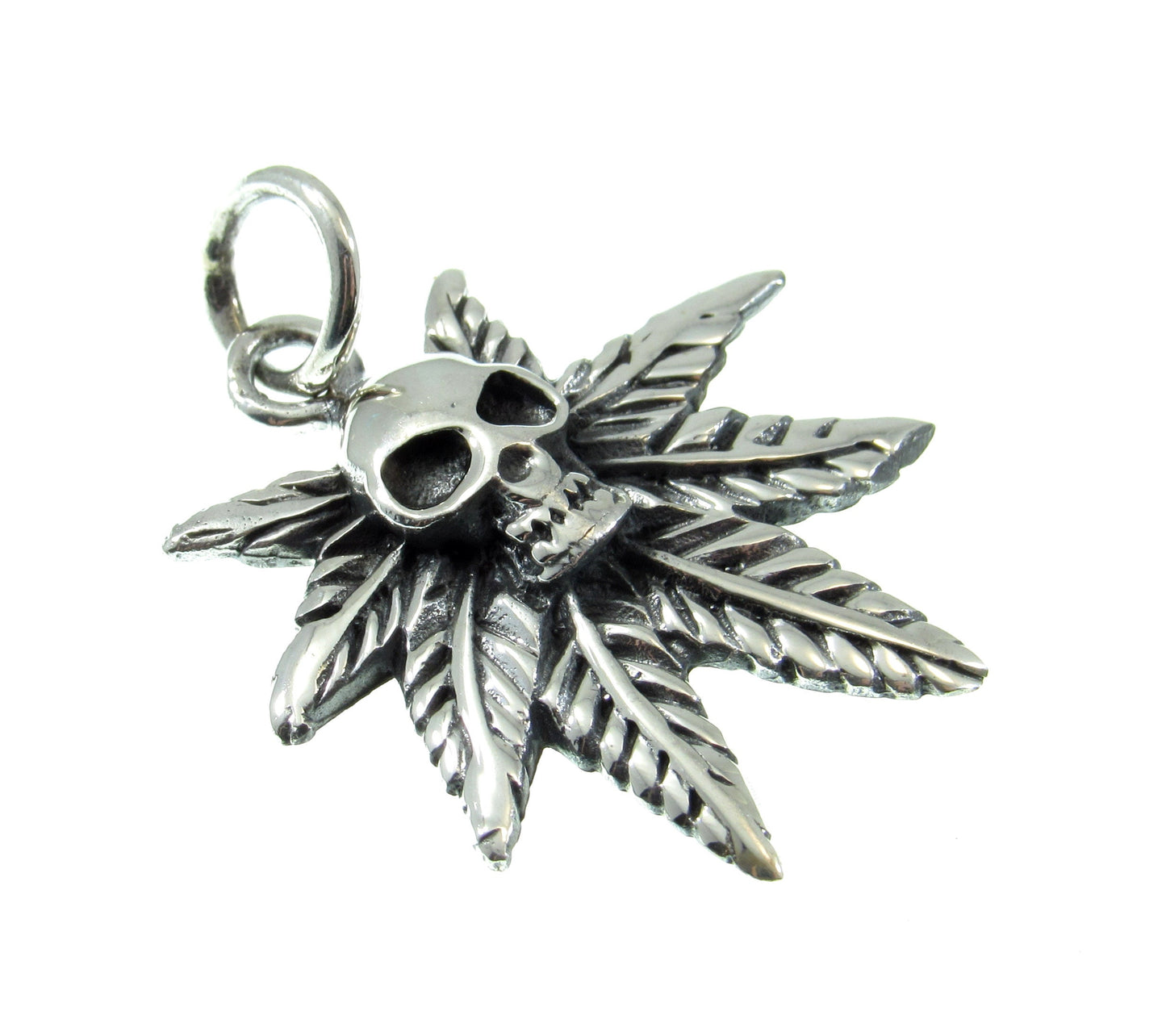 Solid 925 Sterling Silver Marijuana Leaf & Skull Pendant, Handcrafted Gothic Weed Skull Jewelry