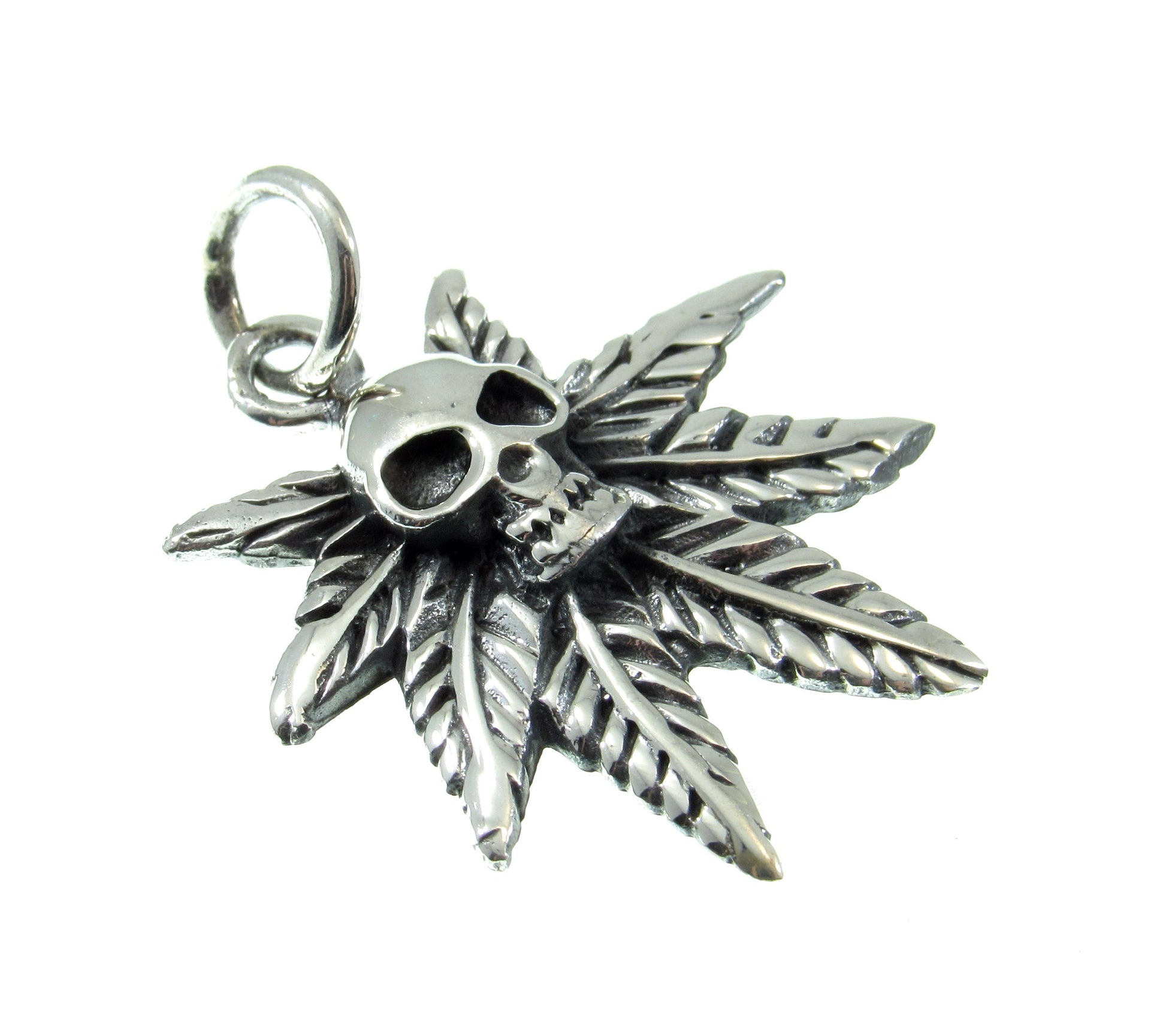 Solid 925 Sterling Silver Marijuana Leaf & Skull Pendant, Handcrafted Gothic Weed Skull Jewelry