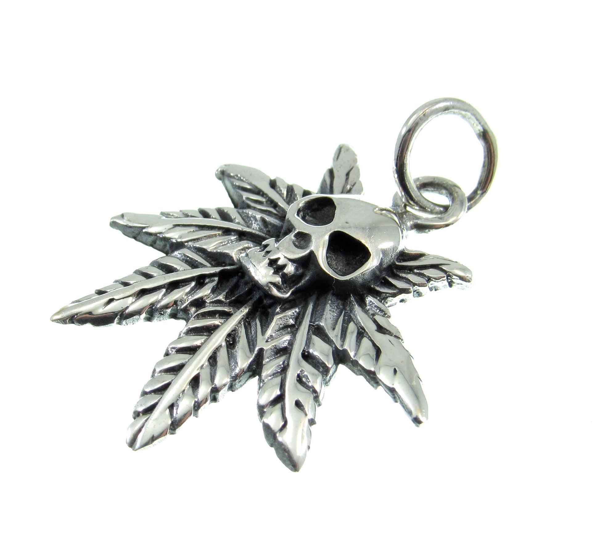 Solid 925 Sterling Silver Marijuana Leaf & Skull Pendant, Handcrafted Gothic Weed Skull Jewelry