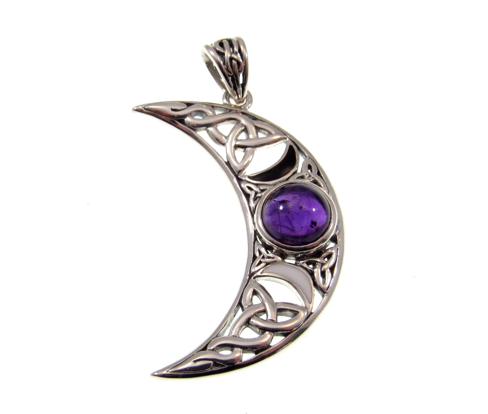 Solid 925 Sterling Silver Celtic Waxing Blue Crescent Moon Pendant, Choose Gemstone: Amethyst, Garnet, or Rainbow Moonstone
