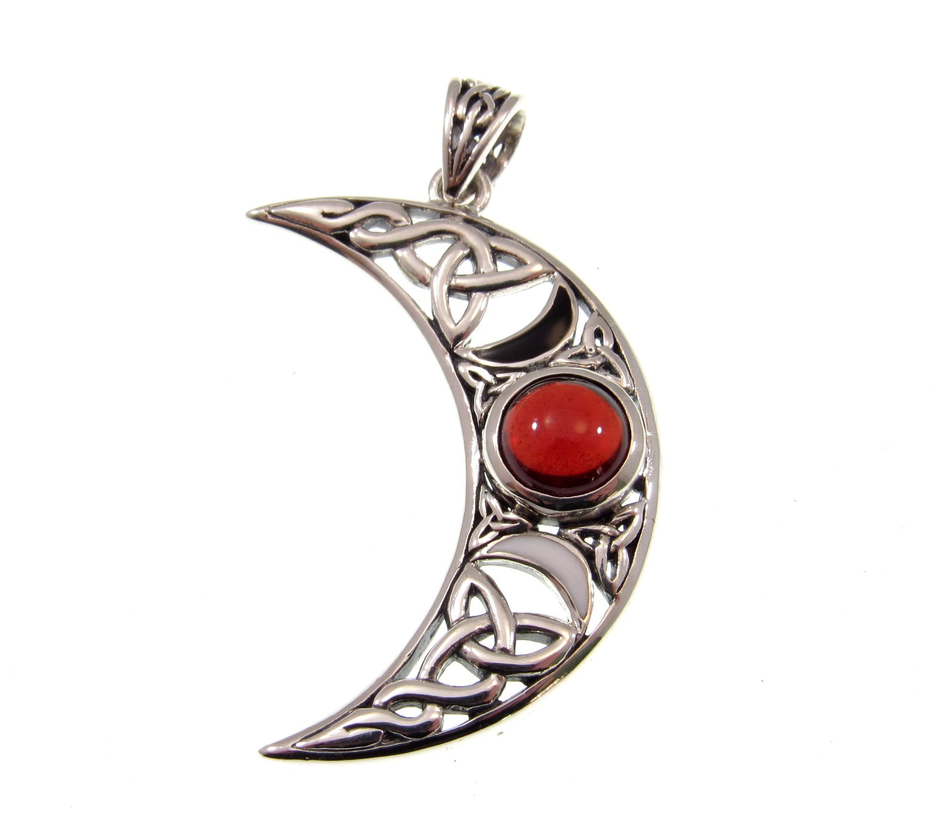 Solid 925 Sterling Silver Celtic Waxing Blue Crescent Moon Pendant, Choose Gemstone: Amethyst, Garnet, or Rainbow Moonstone