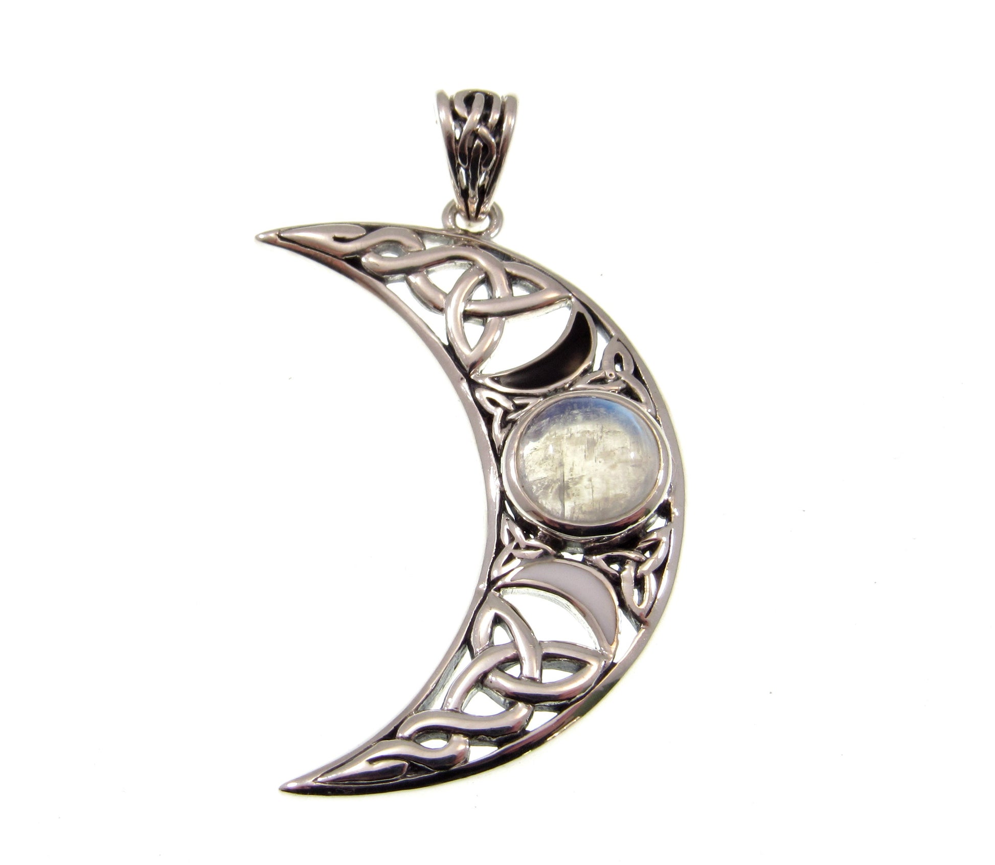 Solid 925 Sterling Silver Celtic Waxing Blue Crescent Moon Pendant, Choose Gemstone: Amethyst, Garnet, or Rainbow Moonstone