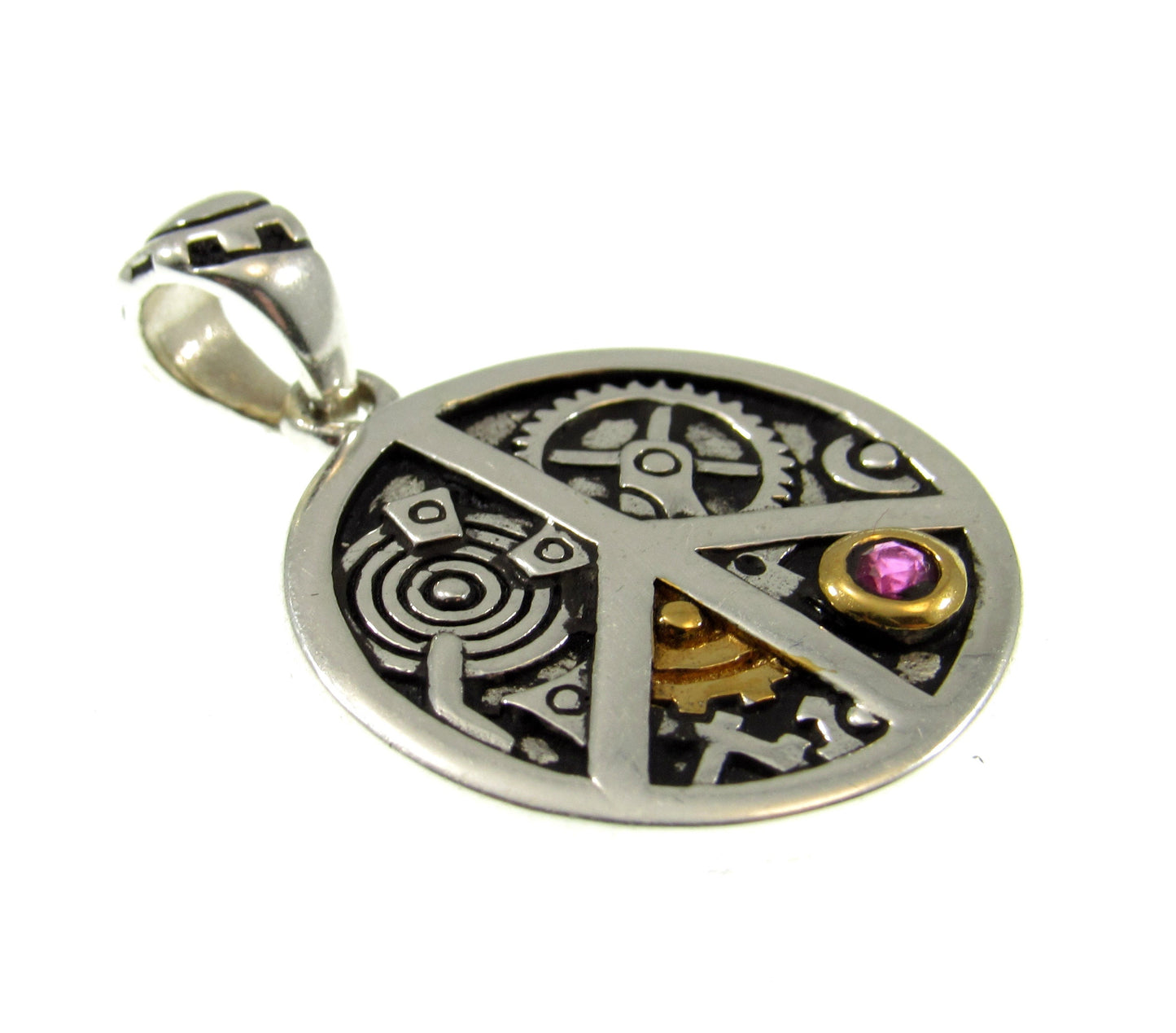 Solid 925 Sterling Silver Peace Sign Steampunk Pendant, Handcrafted Hippie Jewelry with Industrial Gears, 14 Gold and Red Ruby Accents