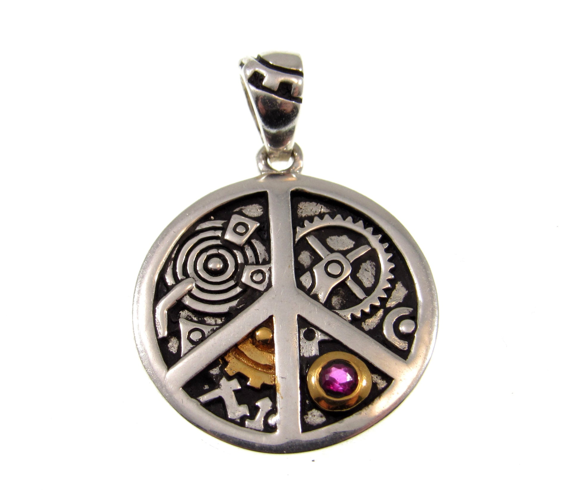 Solid 925 Sterling Silver Peace Sign Steampunk Pendant, Handcrafted Hippie Jewelry with Industrial Gears, 14 Gold and Red Ruby Accents