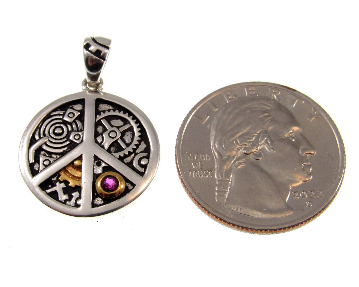 Solid 925 Sterling Silver Peace Sign Steampunk Pendant, Handcrafted Hippie Jewelry with Industrial Gears, 14 Gold and Red Ruby Accents