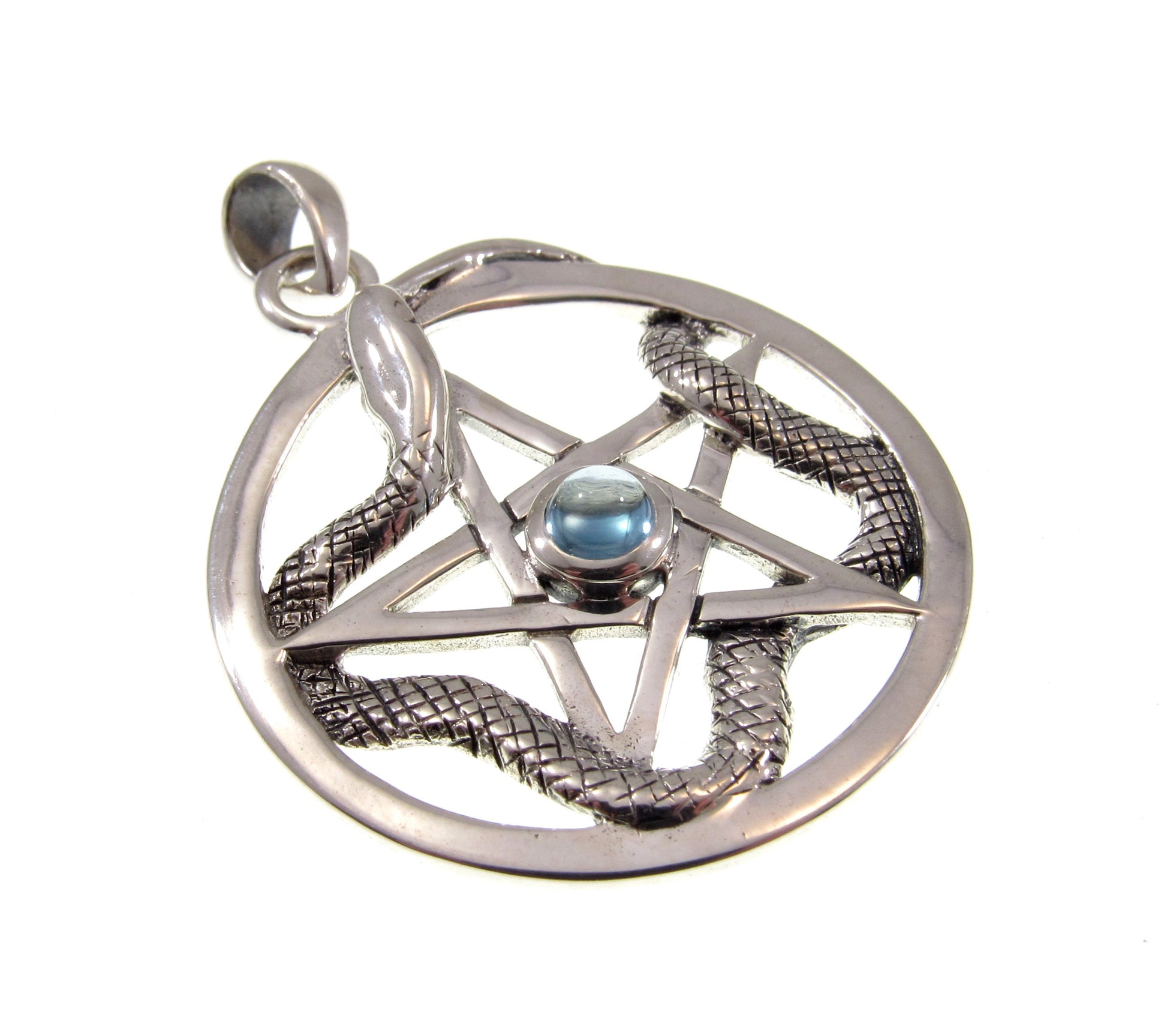 Solid 925 Sterling Silver Weaving Snake Pentacle Pentagram Pendant, Choose Gemstone: Amethyst, Red Garnet, Moonstone or Blue Topaz