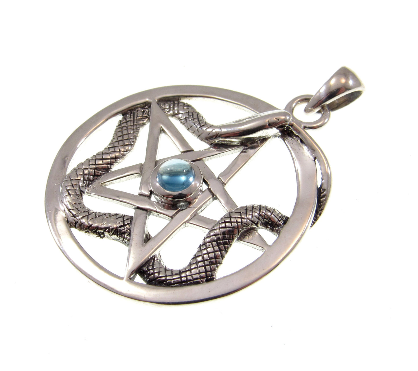 Solid 925 Sterling Silver Weaving Snake Pentacle Pentagram Pendant, Choose Gemstone: Amethyst, Red Garnet, Moonstone or Blue Topaz