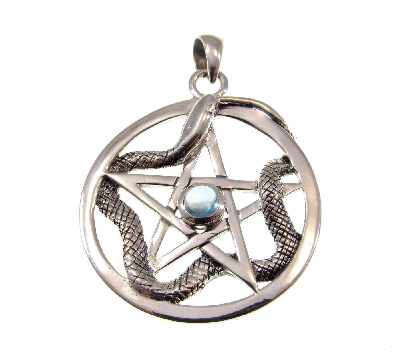 Solid 925 Sterling Silver Weaving Snake Pentacle Pentagram Pendant, Choose Gemstone: Amethyst, Red Garnet, Moonstone or Blue Topaz