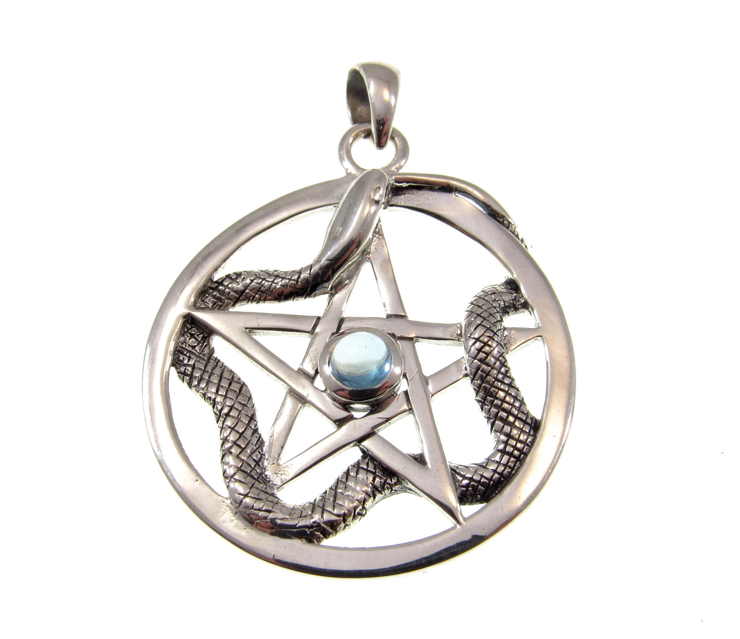 Solid 925 Sterling Silver Weaving Snake Pentacle Pentagram Pendant, Choose Gemstone: Amethyst, Red Garnet, Moonstone or Blue Topaz