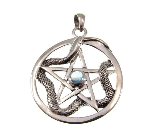 Solid 925 Sterling Silver Weaving Snake Pentacle Pentagram Pendant, Choose Gemstone: Amethyst, Red Garnet, Moonstone or Blue Topaz