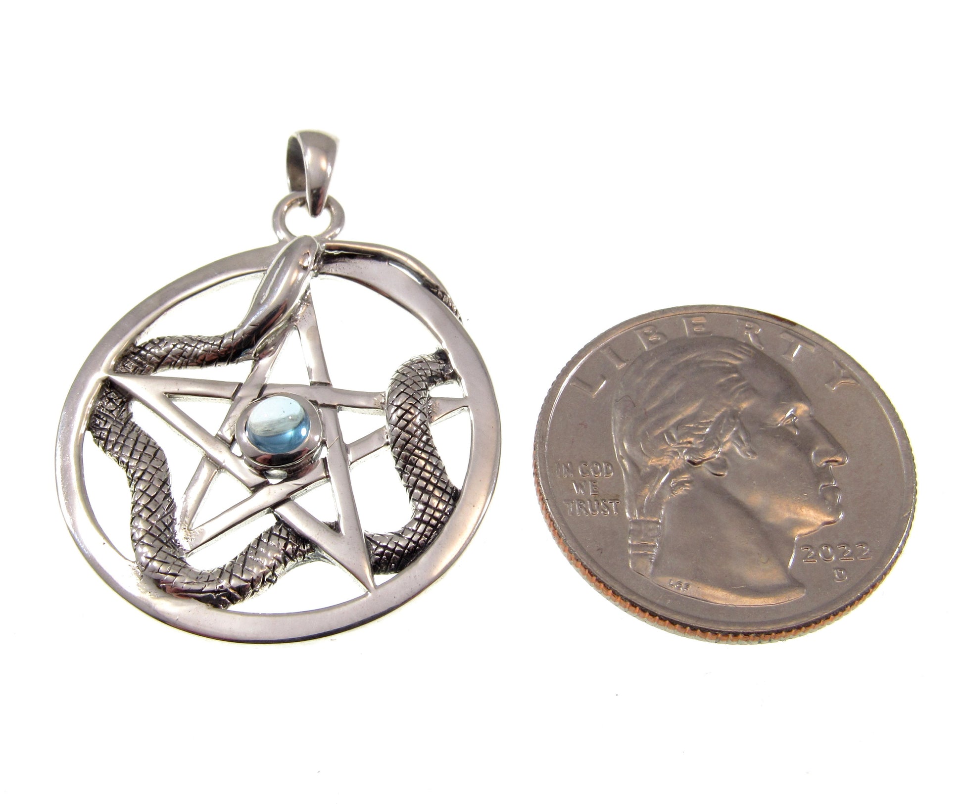 Solid 925 Sterling Silver Weaving Snake Pentacle Pentagram Pendant, Choose Gemstone: Amethyst, Red Garnet, Moonstone or Blue Topaz