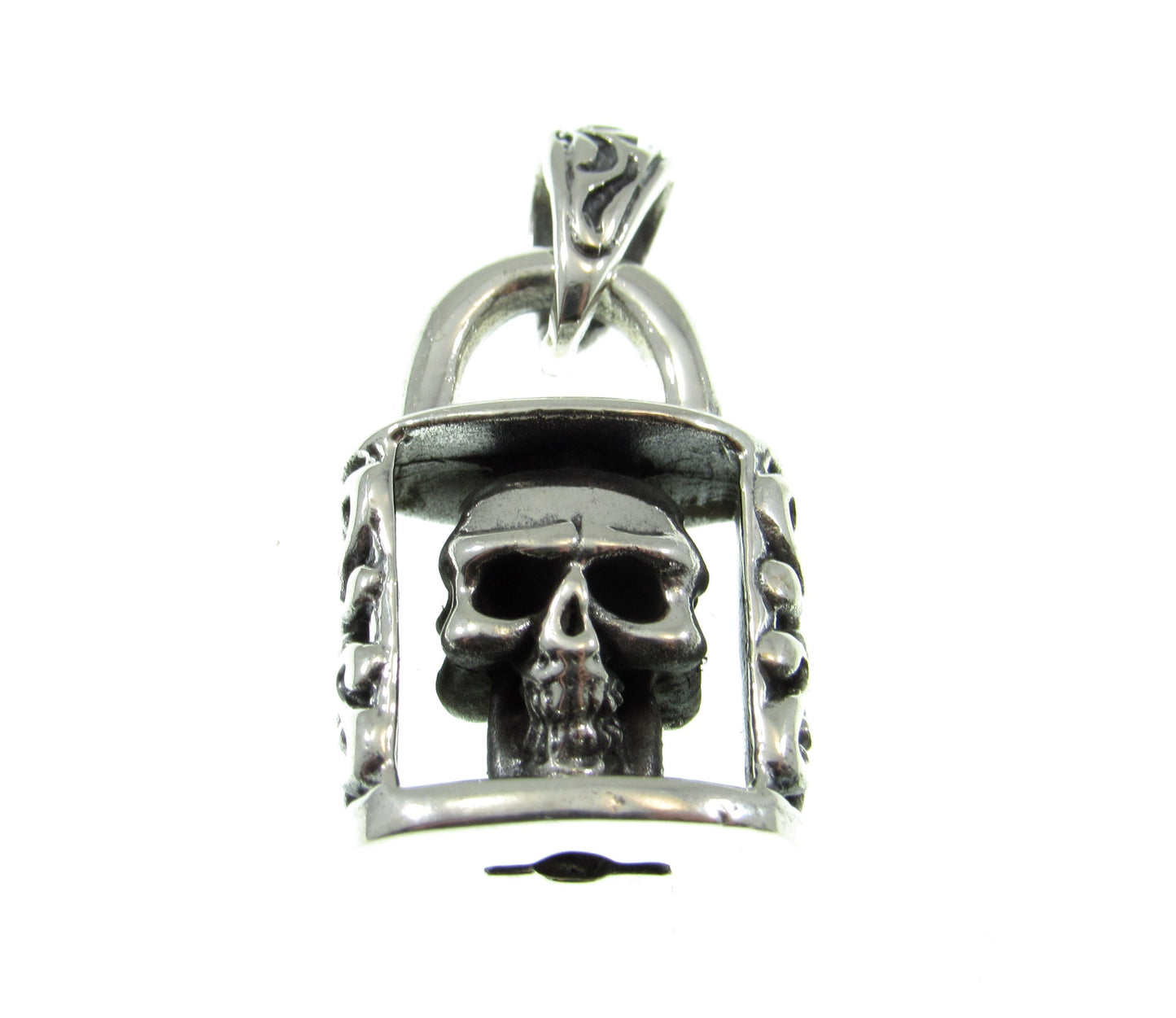 Solid 925 Sterling Silver Skeleton Skull in Padlock Pendant, Handcrafted Gothic Biker Jewelry