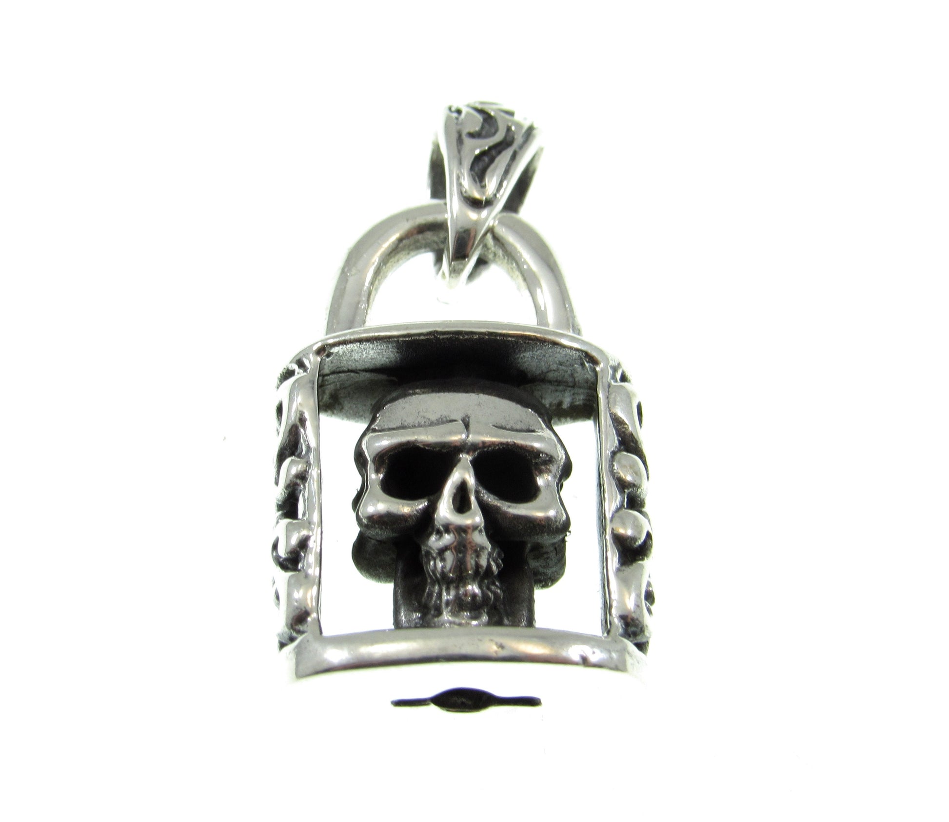 Solid 925 Sterling Silver Skeleton Skull in Padlock Pendant, Handcrafted Gothic Biker Jewelry