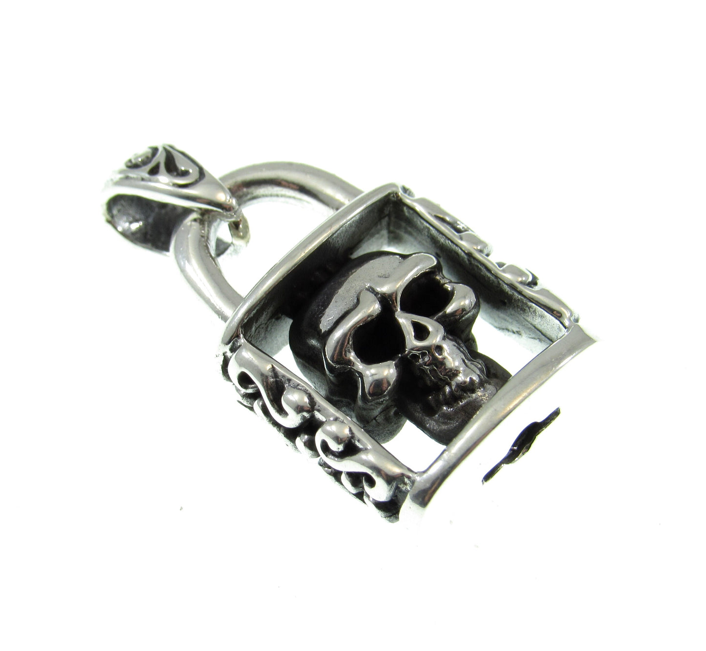 Solid 925 Sterling Silver Skeleton Skull in Padlock Pendant, Handcrafted Gothic Biker Jewelry
