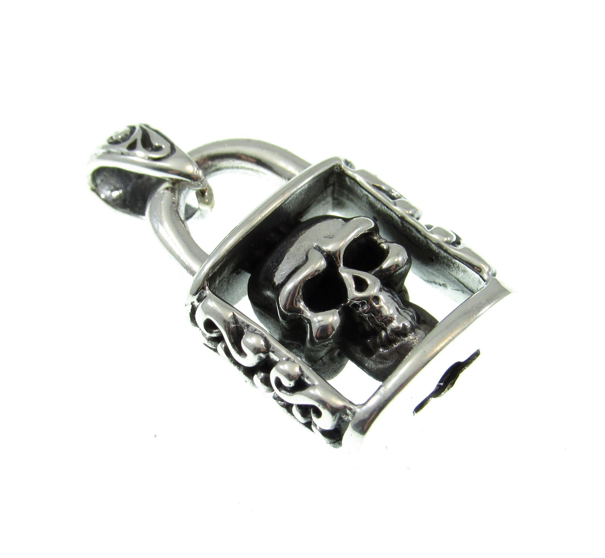 Solid 925 Sterling Silver Skeleton Skull in Padlock Pendant, Handcrafted Gothic Biker Jewelry