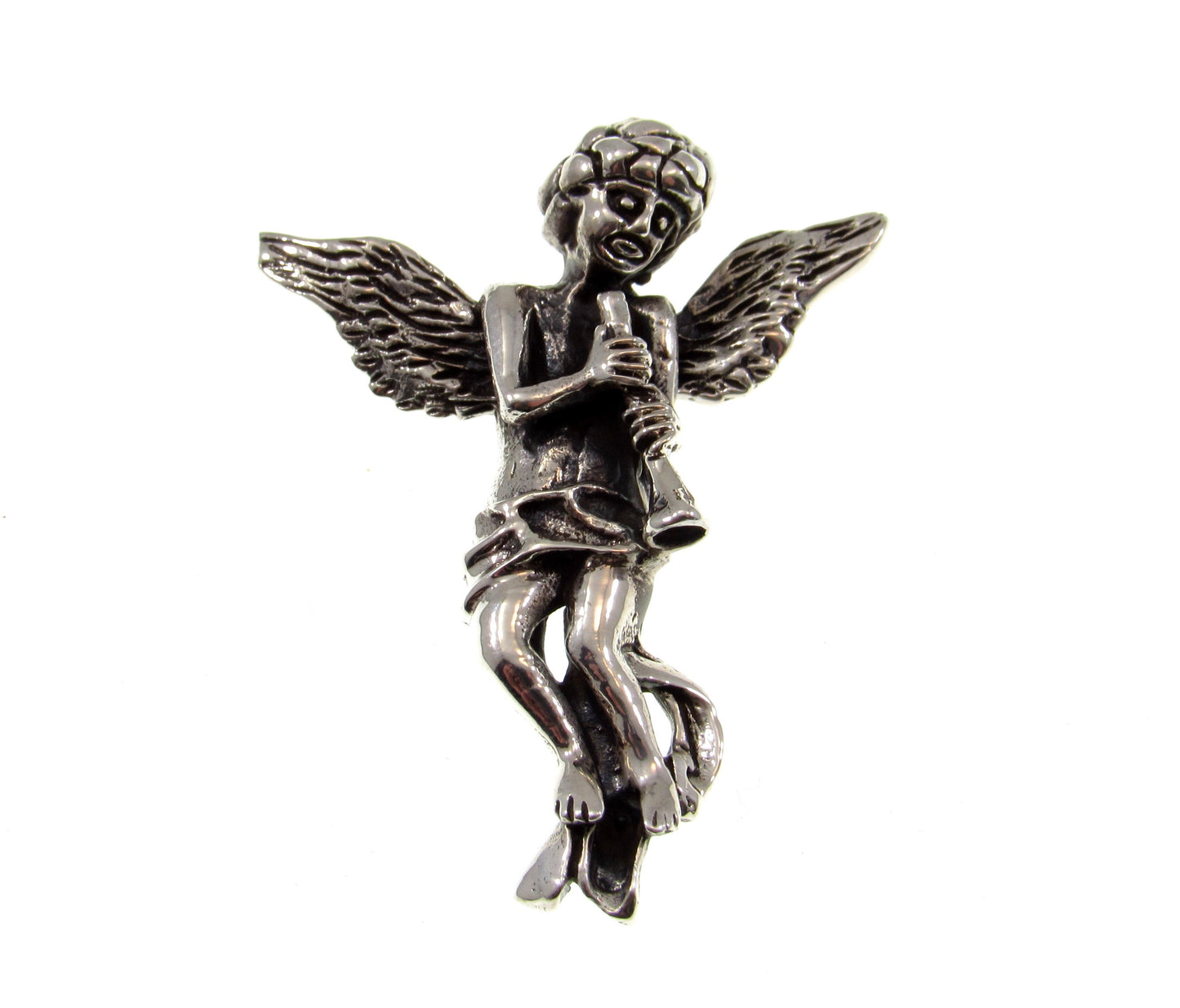 Solid 925 Sterling Silver Baby Cupid / Eros Playing Flute Pendant, God of Love, Attraction, Affection, & Desire, Mythological Jewelry