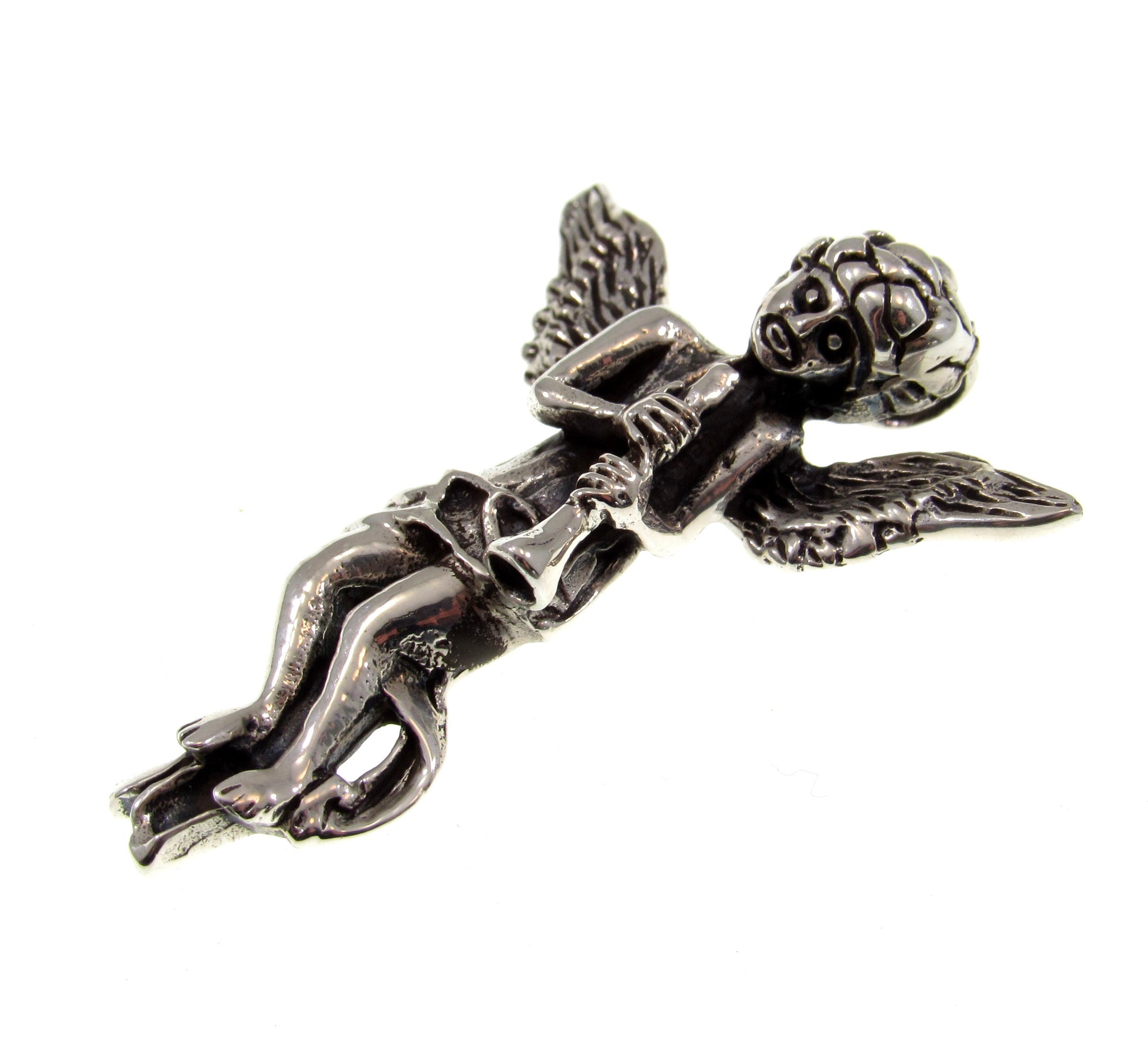 Solid 925 Sterling Silver Baby Cupid / Eros Playing Flute Pendant, God of Love, Attraction, Affection, & Desire, Mythological Jewelry
