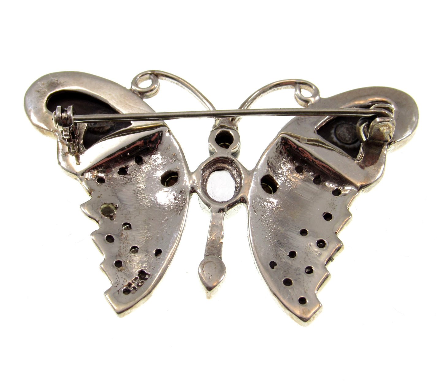 Solid 925 Sterling Silver Colorful Marcasite, Onyx, and Gemstone Butterfly Pin Brooch, Handcrafted Insect Jewelry
