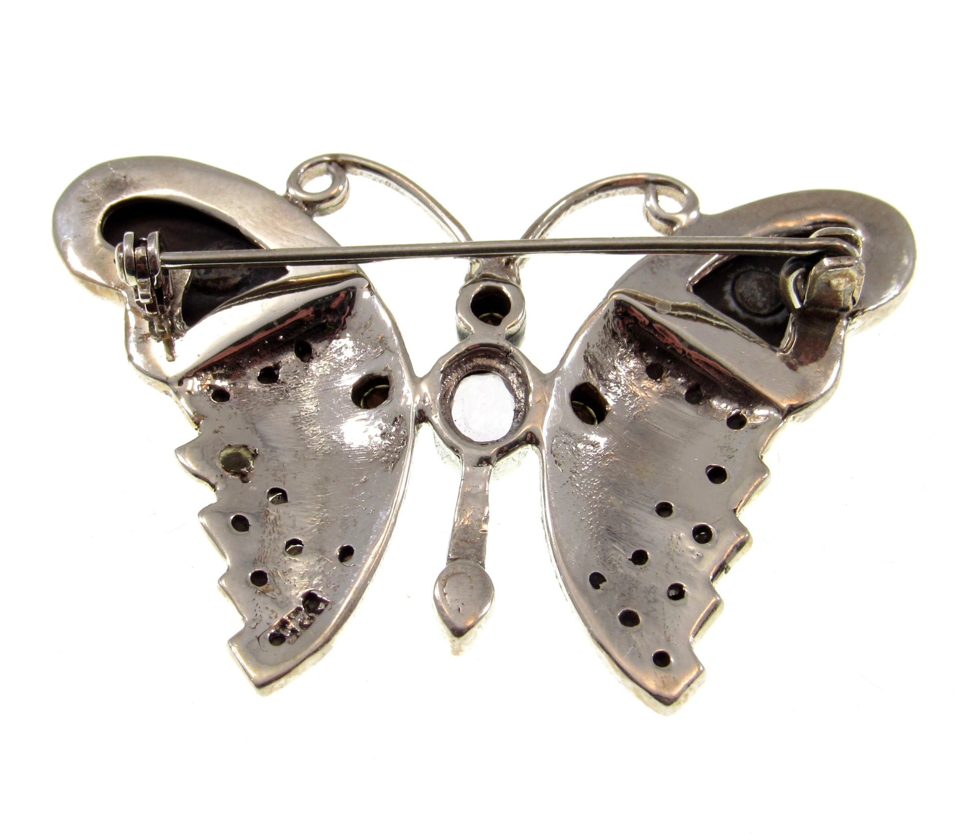 Solid 925 Sterling Silver Colorful Marcasite, Onyx, and Gemstone Butterfly Pin Brooch, Handcrafted Insect Jewelry