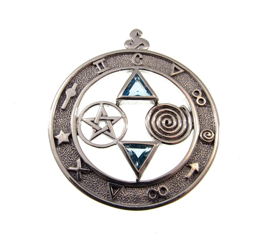 Solid 925 Sterling Silver Total Universal Balance Pentacle Talisman Pendant, Choose Gemstone: Purple Amethyst, Red Garnet, or Blue Topaz