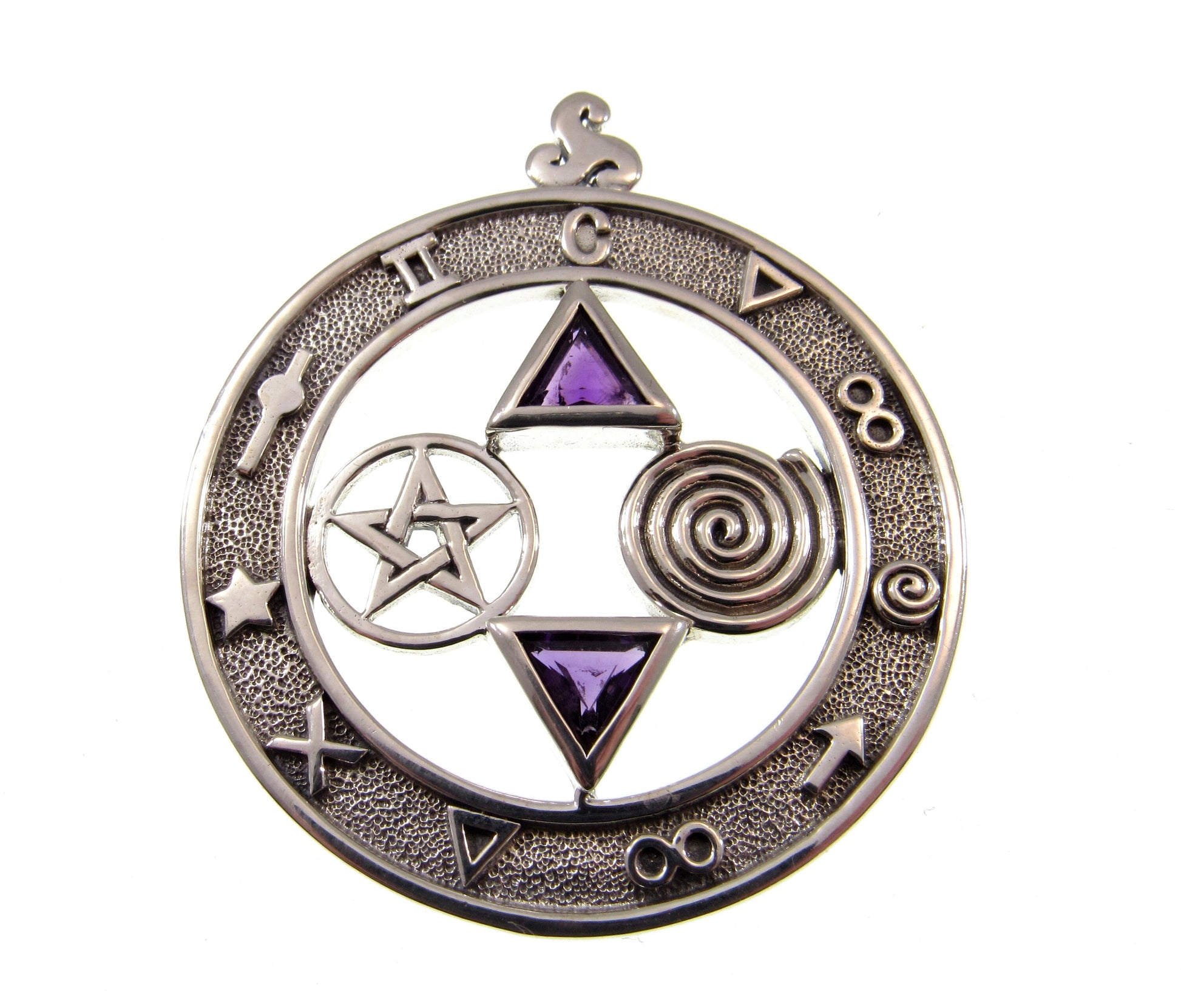 Solid 925 Sterling Silver Total Universal Balance Pentacle Talisman Pendant, Choose Gemstone: Purple Amethyst, Red Garnet, or Blue Topaz