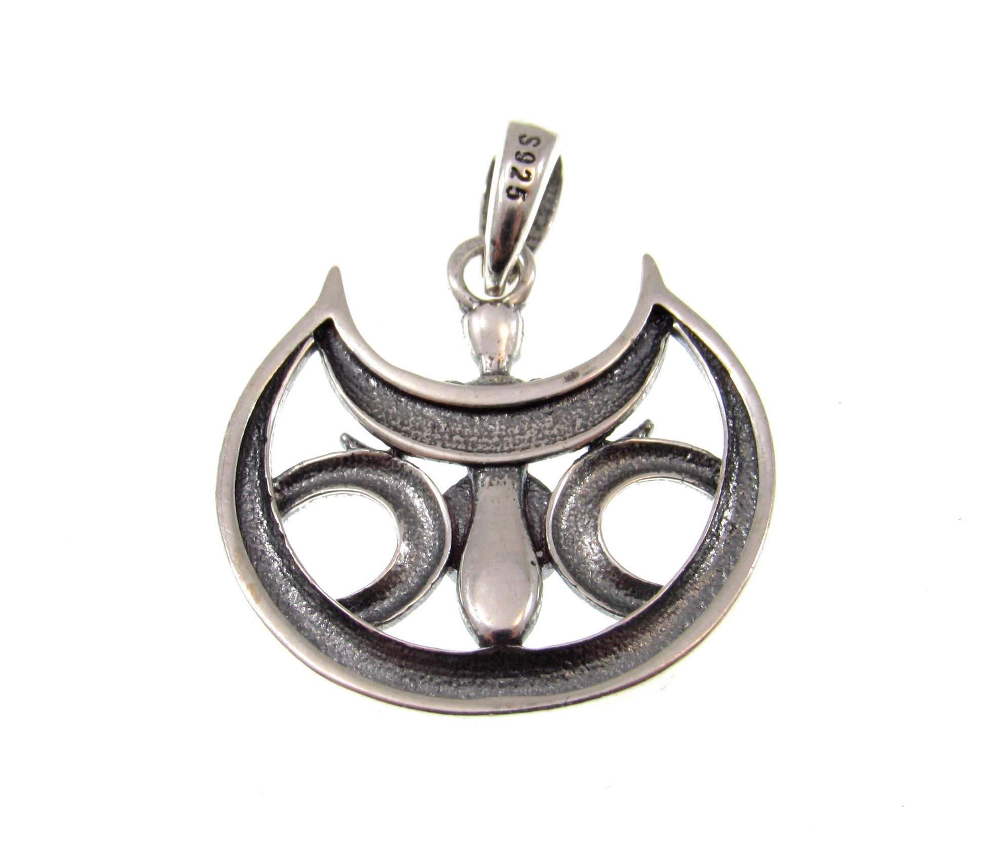 Solid 925 Sterling Silver & Lab-Created Blue Opal Winged Triple Moon Goddess Pendant, Handcrafted Magical Celestial Charm