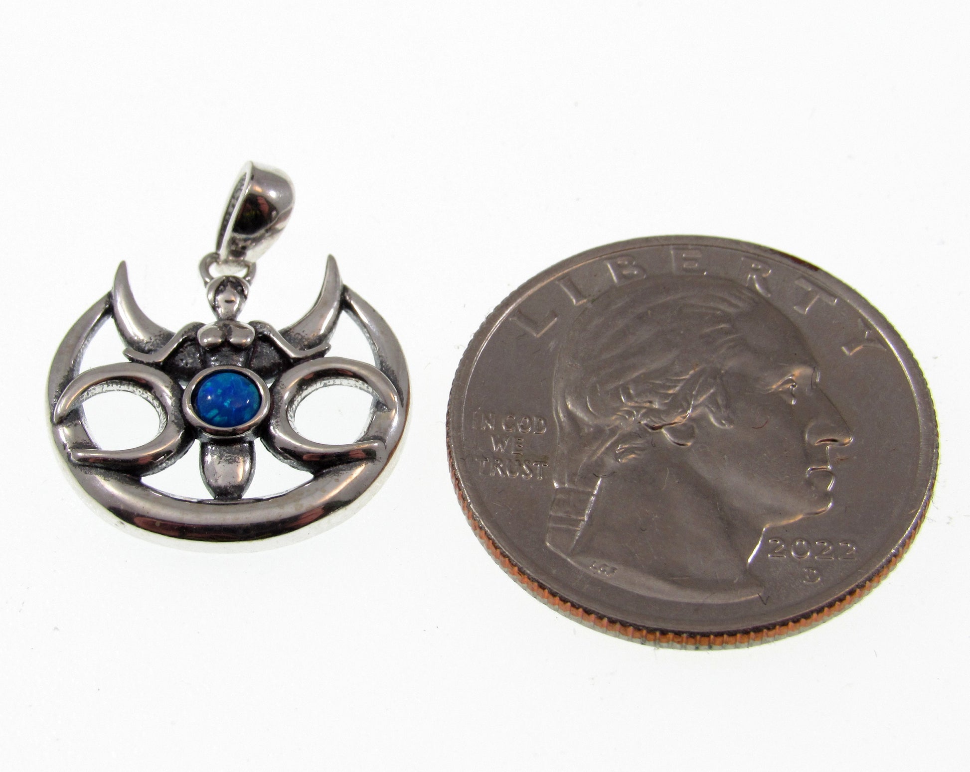 Solid 925 Sterling Silver & Lab-Created Blue Opal Winged Triple Moon Goddess Pendant, Handcrafted Magical Celestial Charm