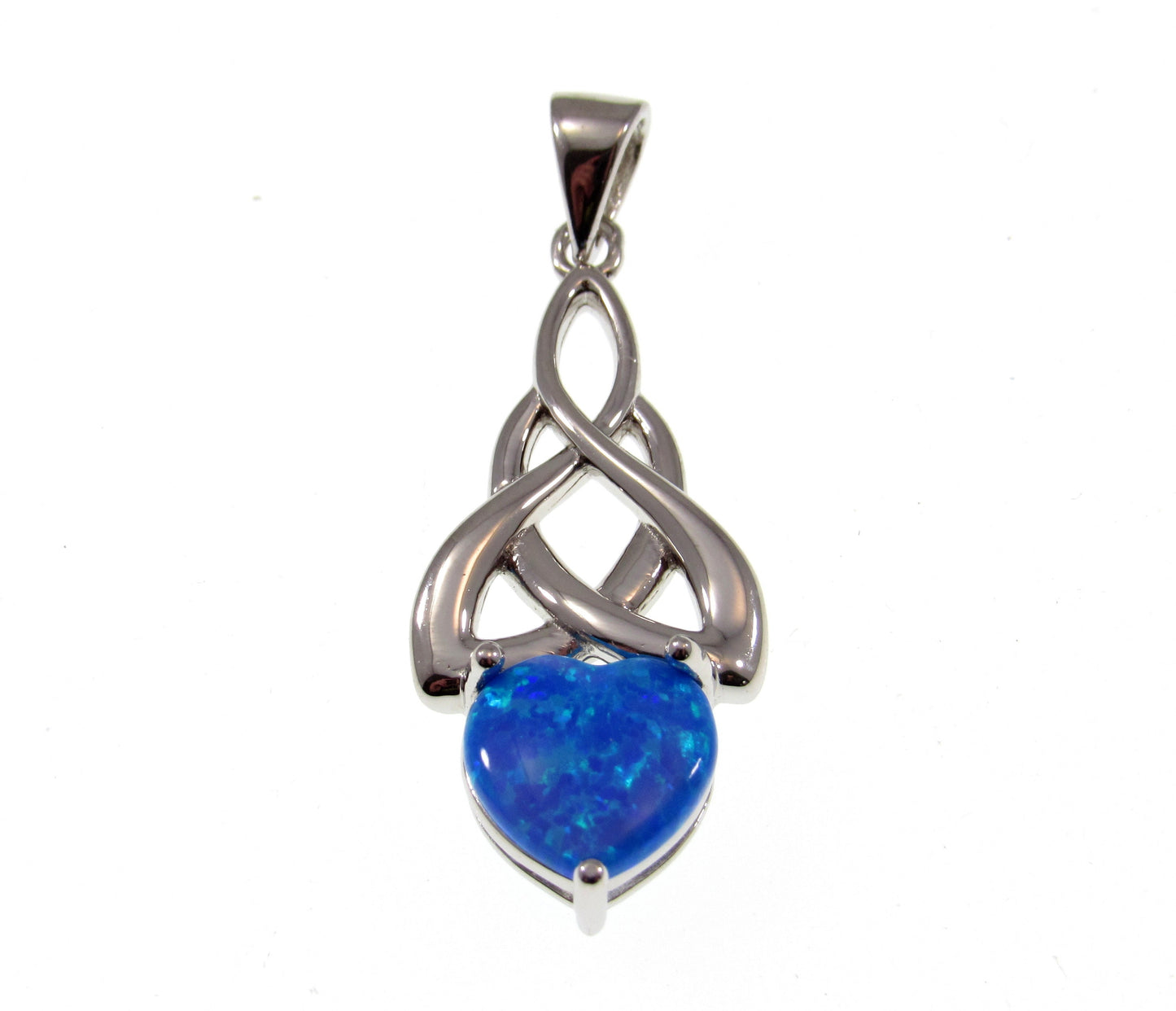 Solid 925 Sterling Silver & Lab-Created Blue Opal Celtic Infinity Knot and Heart Pendant, Handcrafted Gaelic Eternal Love Jewelry