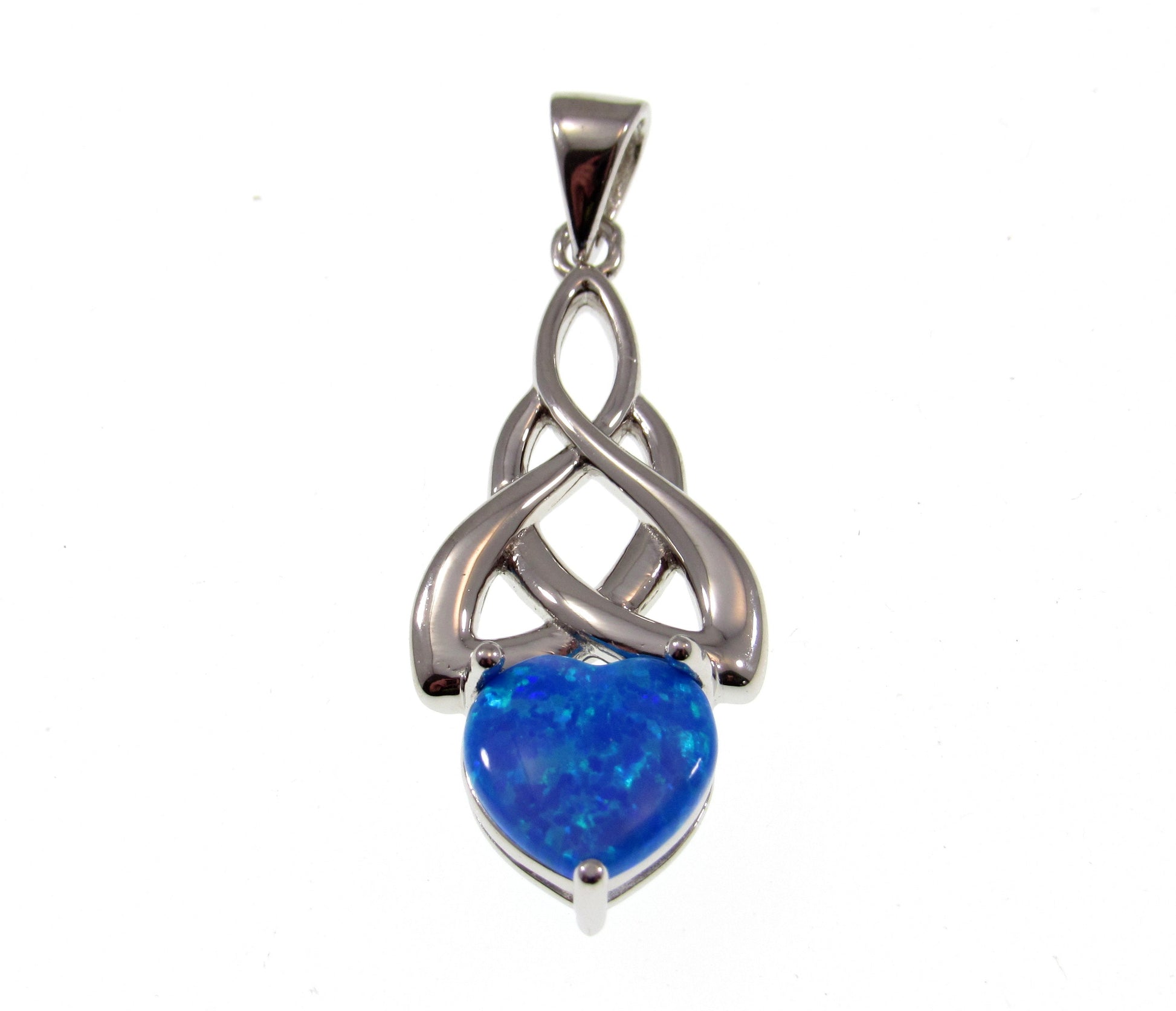 Solid 925 Sterling Silver & Lab-Created Blue Opal Celtic Infinity Knot and Heart Pendant, Handcrafted Gaelic Eternal Love Jewelry