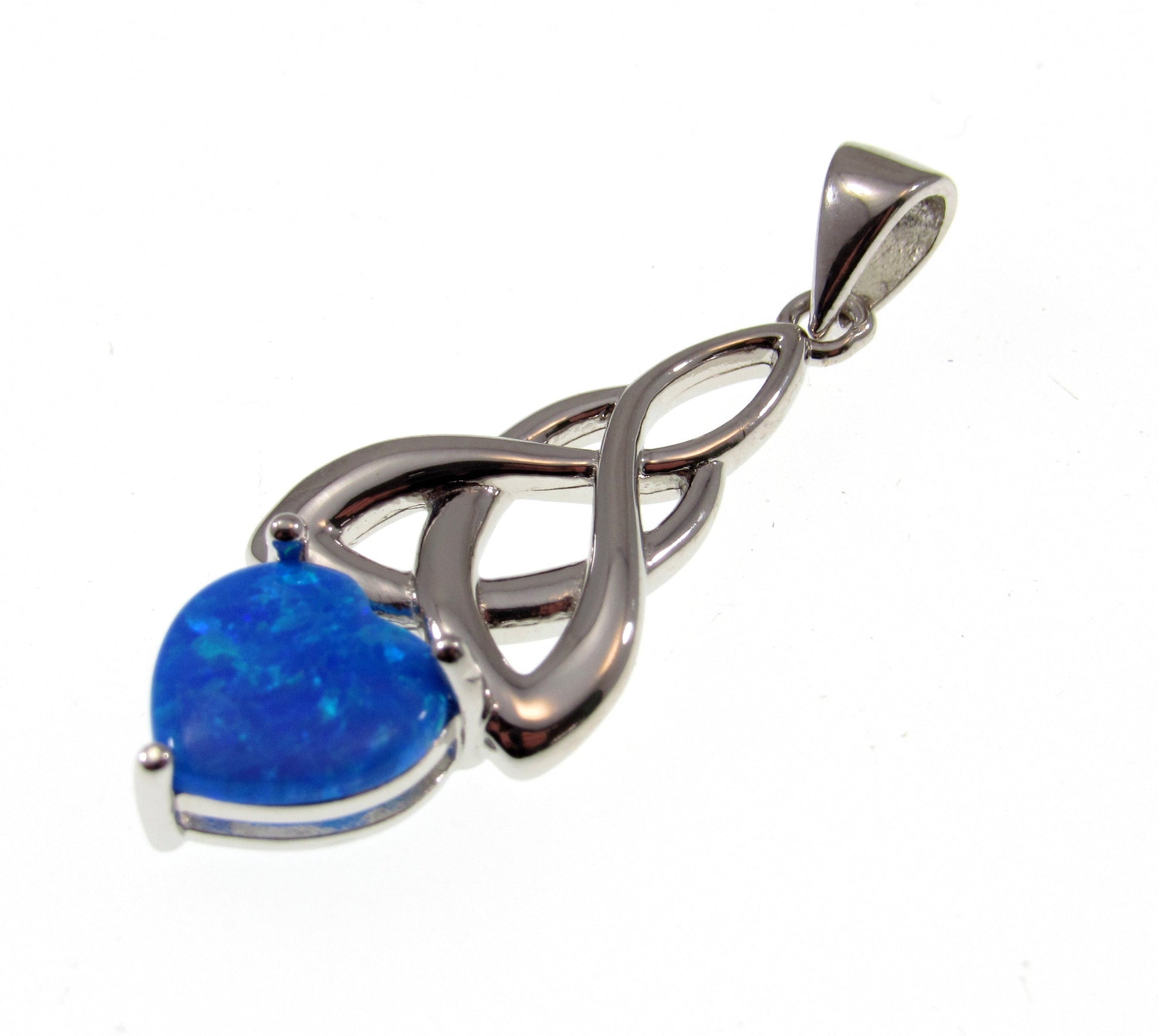 Solid 925 Sterling Silver & Lab-Created Blue Opal Celtic Infinity Knot and Heart Pendant, Handcrafted Gaelic Eternal Love Jewelry
