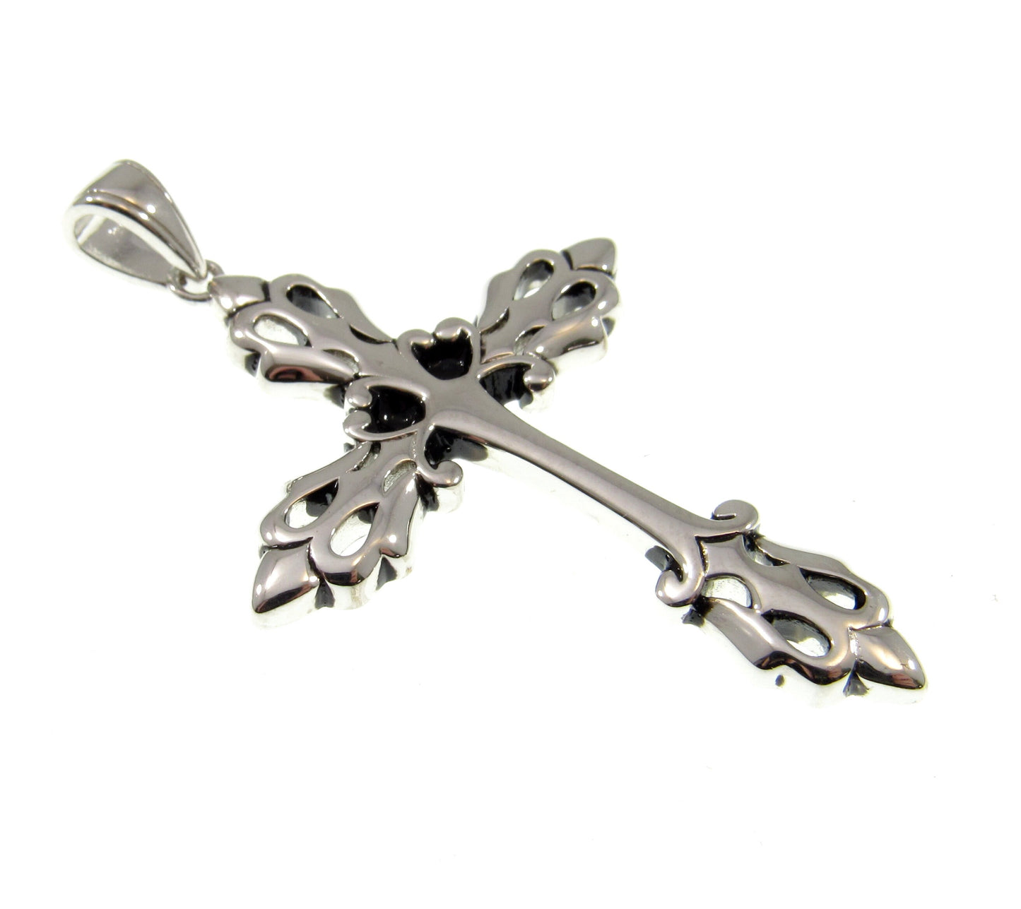 Solid 925 Sterling Silver Gothic Fleur-de-Lis Cross Pendant, Vintage Style Christian Necklace Charm, Ornate Medieval Style Jewelry