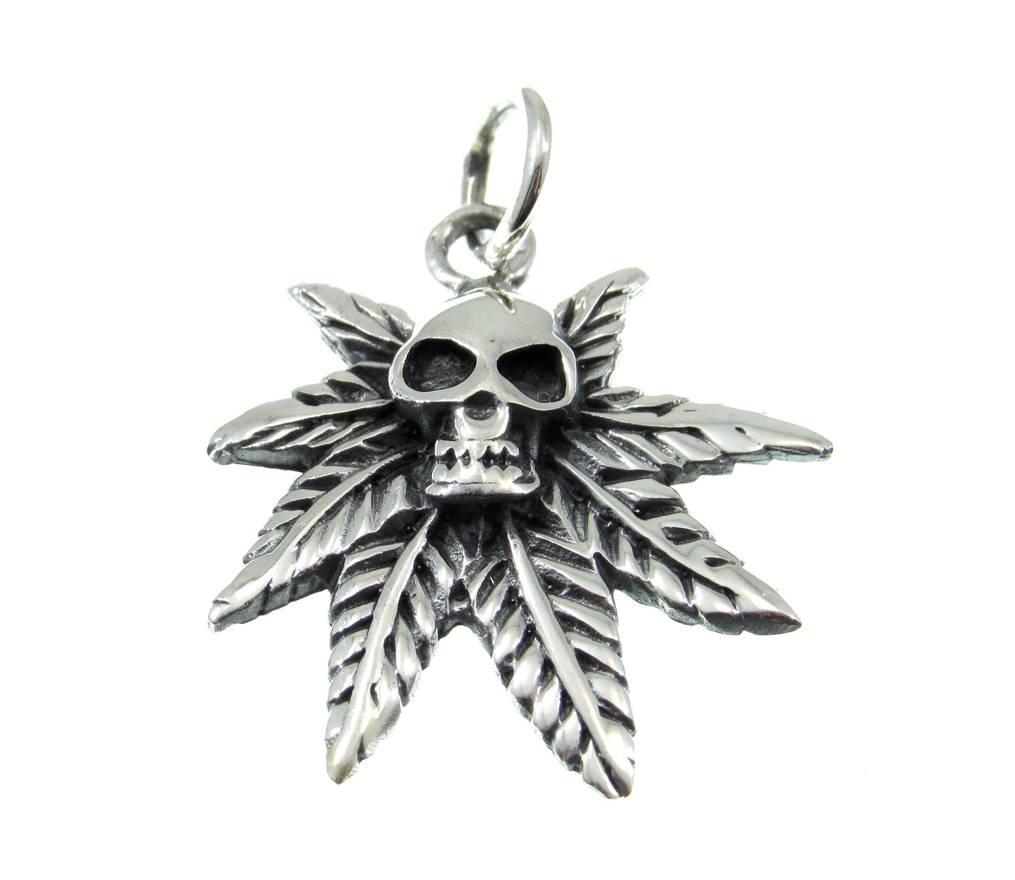 Solid 925 Sterling Silver Marijuana Leaf & Skull Pendant, Handcrafted Gothic Weed Skull Jewelry