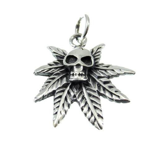 Solid 925 Sterling Silver Marijuana Leaf & Skull Pendant, Handcrafted Gothic Weed Skull Jewelry