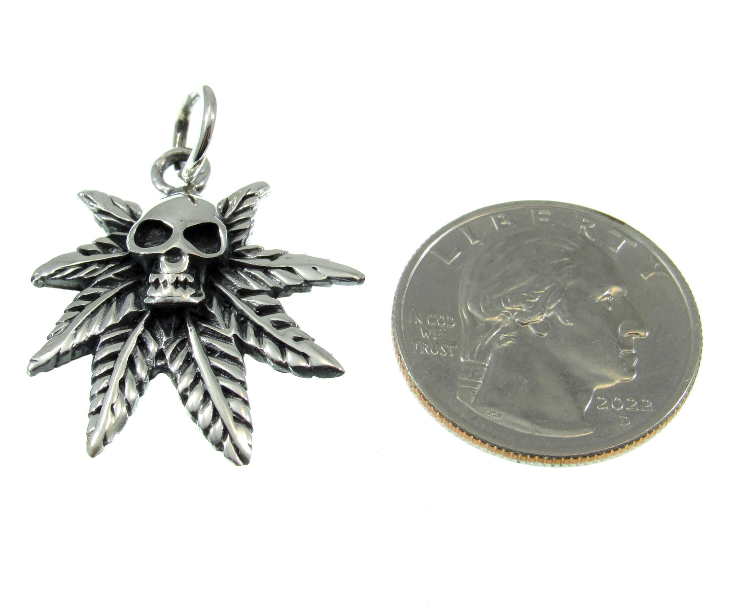 Solid 925 Sterling Silver Marijuana Leaf & Skull Pendant, Handcrafted Gothic Weed Skull Jewelry