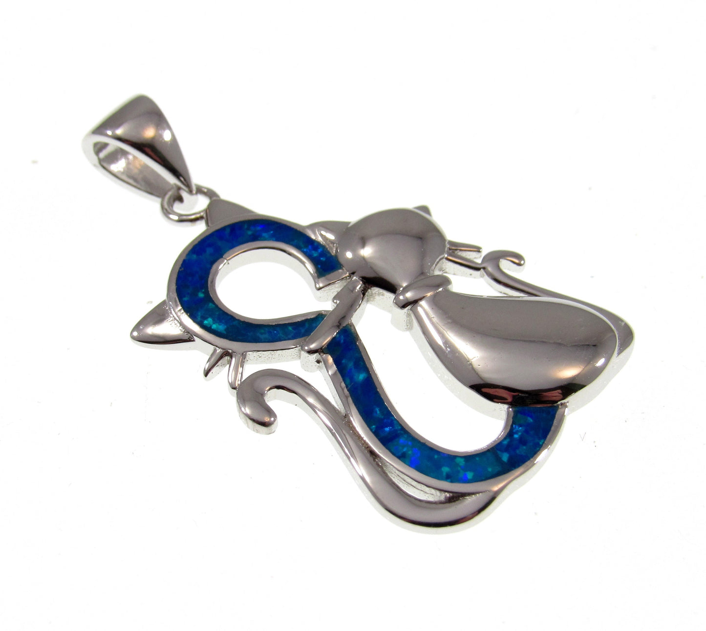 Solid 925 Sterling Silver & Lab-Created Blue or White Fire Opal Twin Cats Pendant, Handcrafted Feline Jewelry - Cat Lovers Necklace Charm