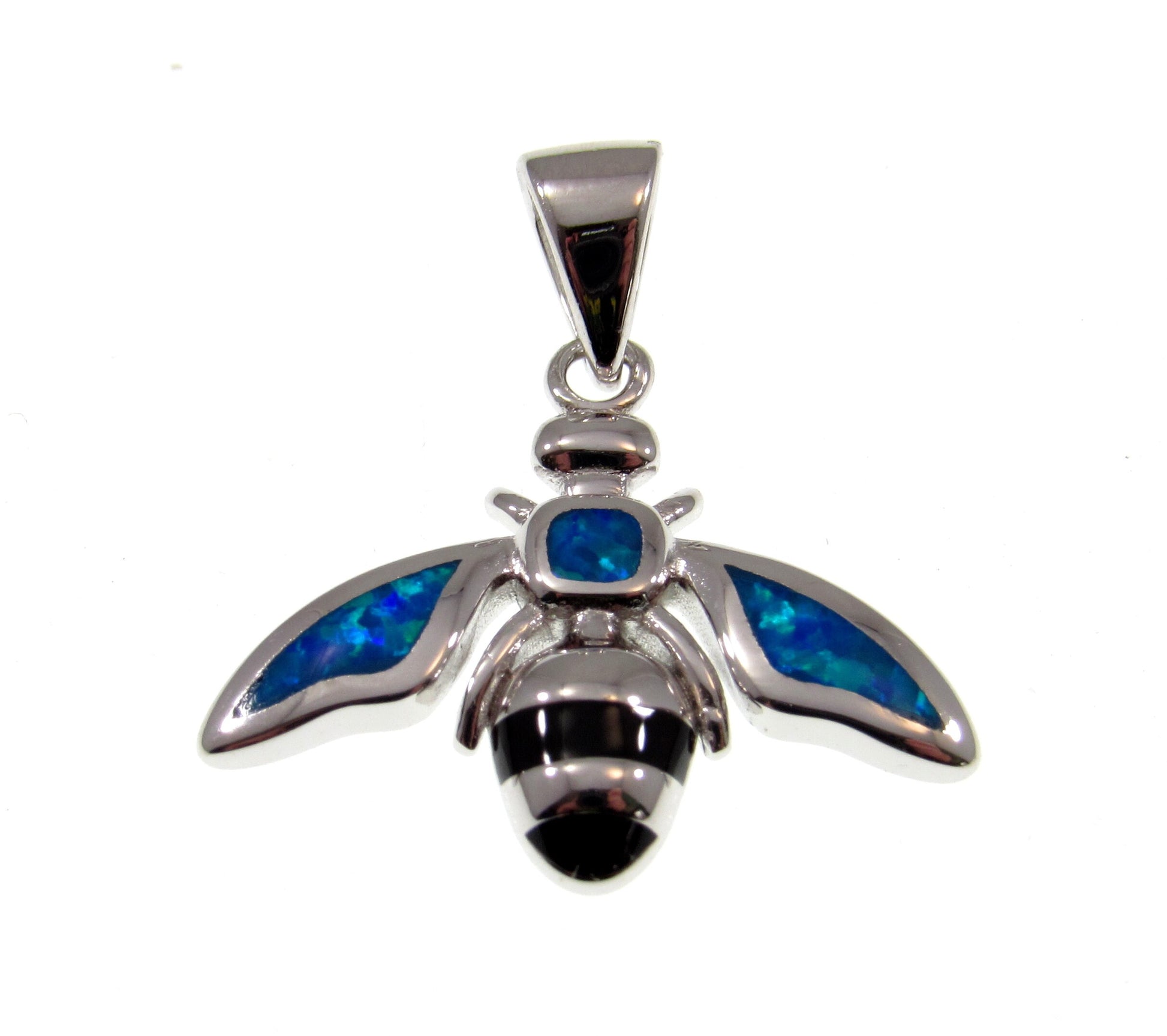 Solid 925 Sterling Silver & Lab-Created Blue Opal Bumble Bee Pendant, Handcrafted Bumblebee Jewelry