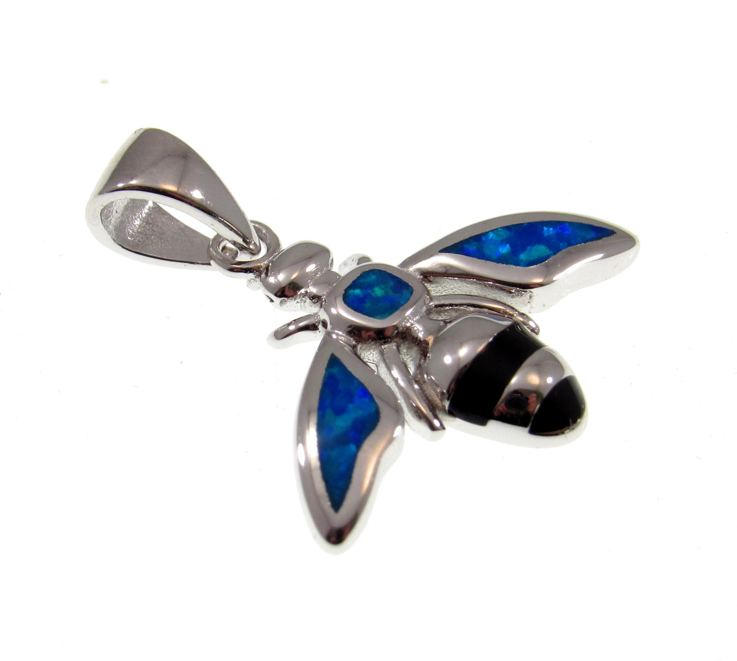 Solid 925 Sterling Silver & Lab-Created Blue Opal Bumble Bee Pendant, Handcrafted Bumblebee Jewelry