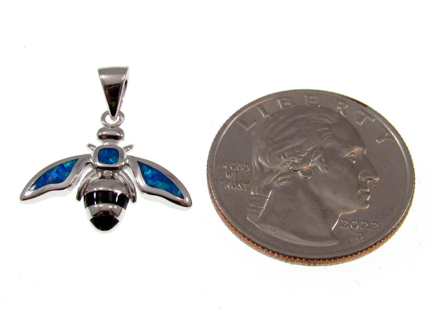 Solid 925 Sterling Silver & Lab-Created Blue Opal Bumble Bee Pendant, Handcrafted Bumblebee Jewelry