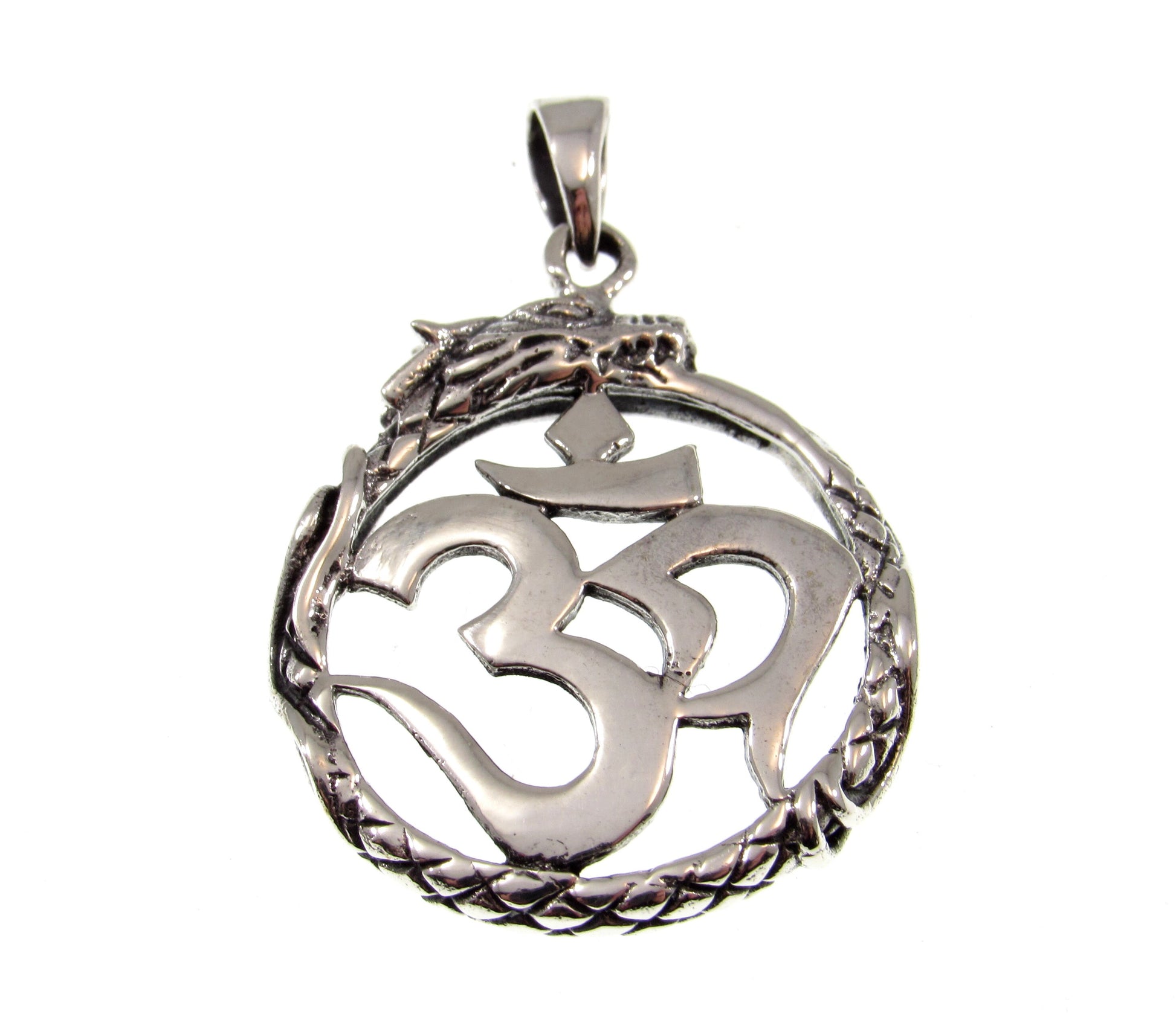 Solid 925 Sterling Silver Om Dragon Pendant - Spiritual Yoga Jewelry - Symbolic Hindu Necklace Charm - Ouroboros Style Power Amulet