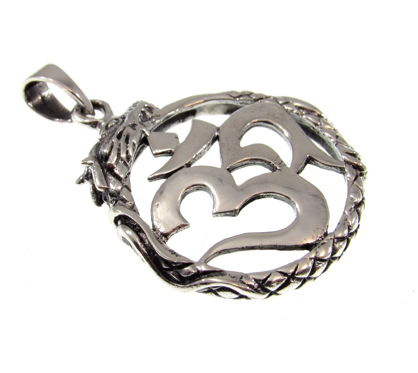 Solid 925 Sterling Silver Om Dragon Pendant - Spiritual Yoga Jewelry - Symbolic Hindu Necklace Charm - Ouroboros Style Power Amulet