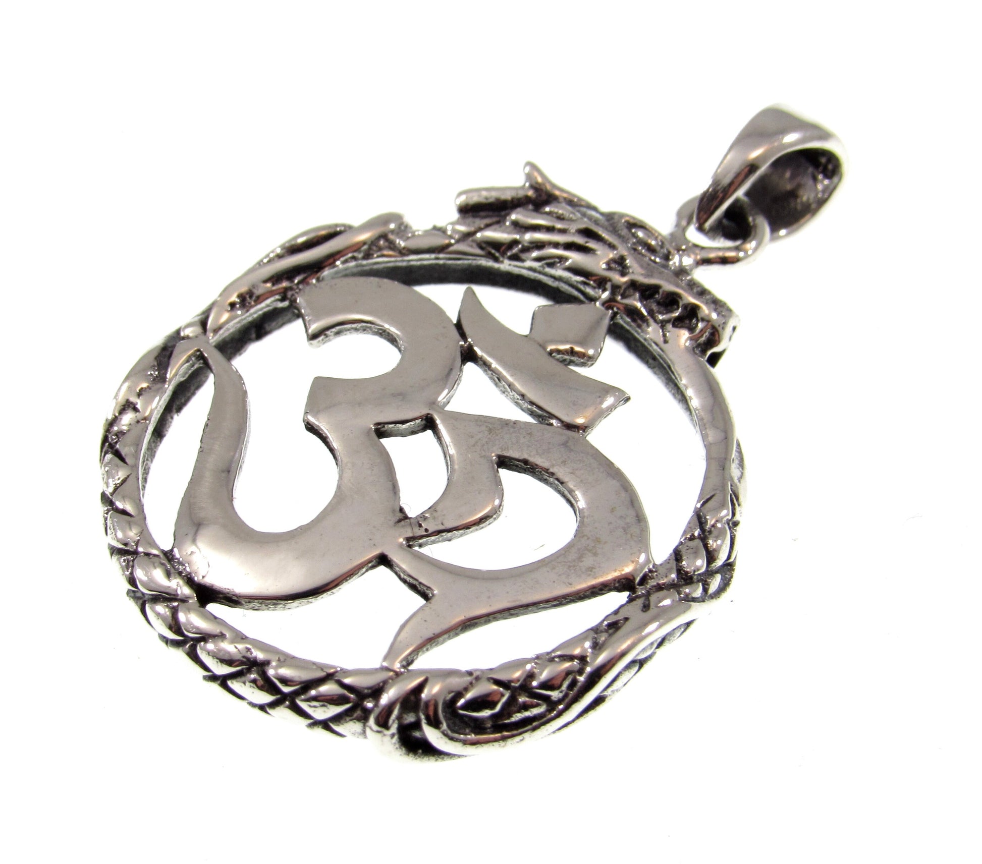 Solid 925 Sterling Silver Om Dragon Pendant - Spiritual Yoga Jewelry - Symbolic Hindu Necklace Charm - Ouroboros Style Power Amulet