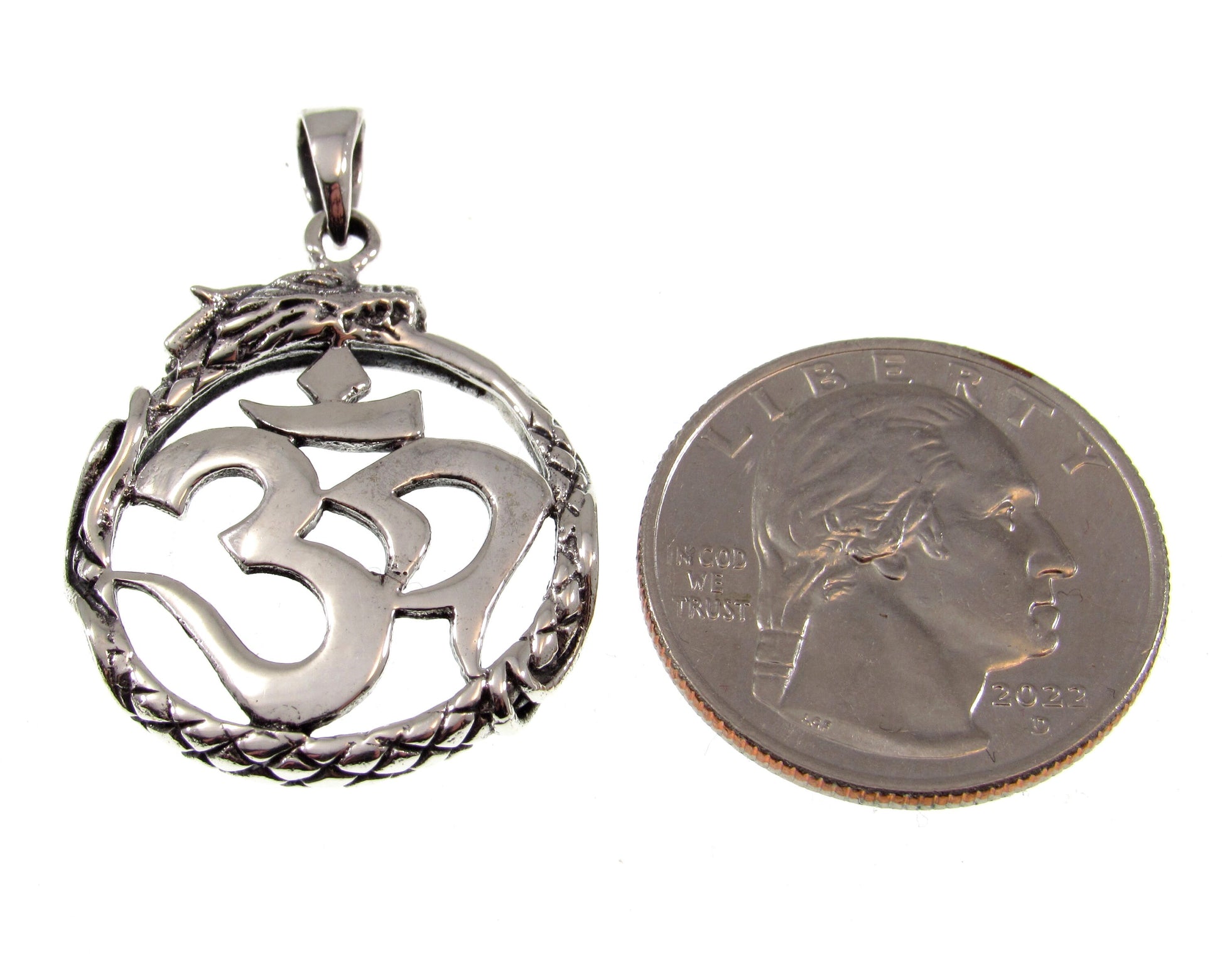 Solid 925 Sterling Silver Om Dragon Pendant - Spiritual Yoga Jewelry - Symbolic Hindu Necklace Charm - Ouroboros Style Power Amulet
