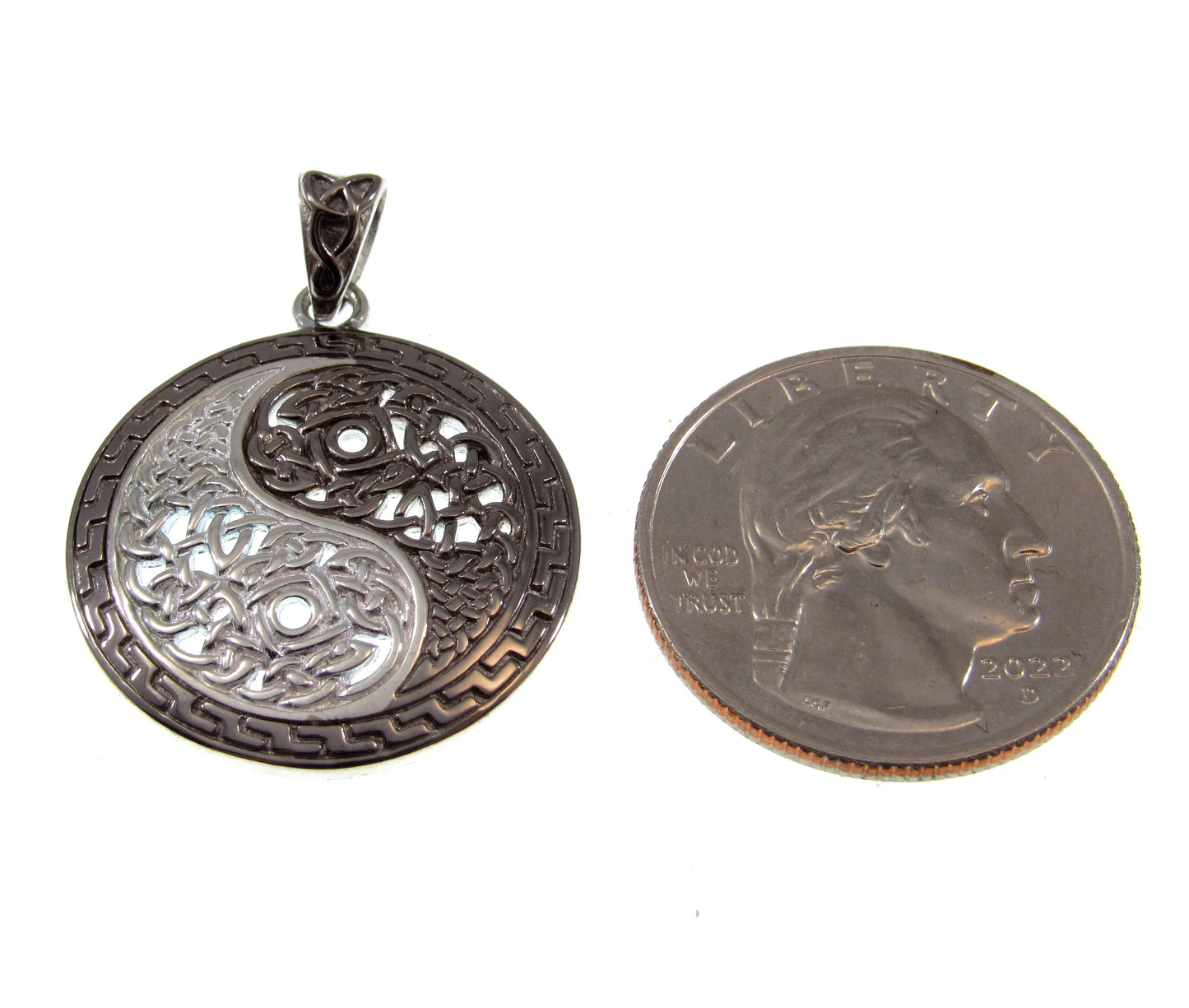 Solid 925 Sterling Silver Celtic Yin Yang Two Toned Pendant, Taijitu Symbol