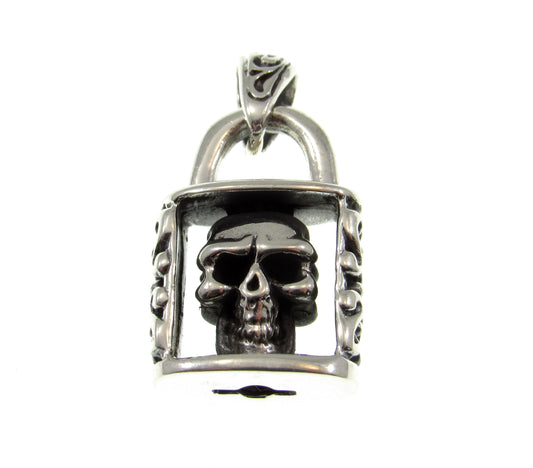 Solid 925 Sterling Silver Skeleton Skull in Padlock Pendant, Handcrafted Gothic Biker Jewelry