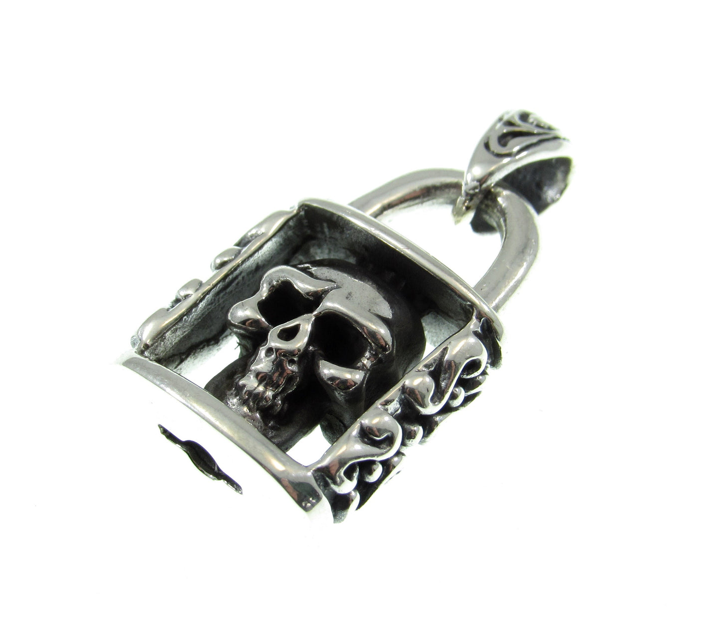 Solid 925 Sterling Silver Skeleton Skull in Padlock Pendant, Handcrafted Gothic Biker Jewelry